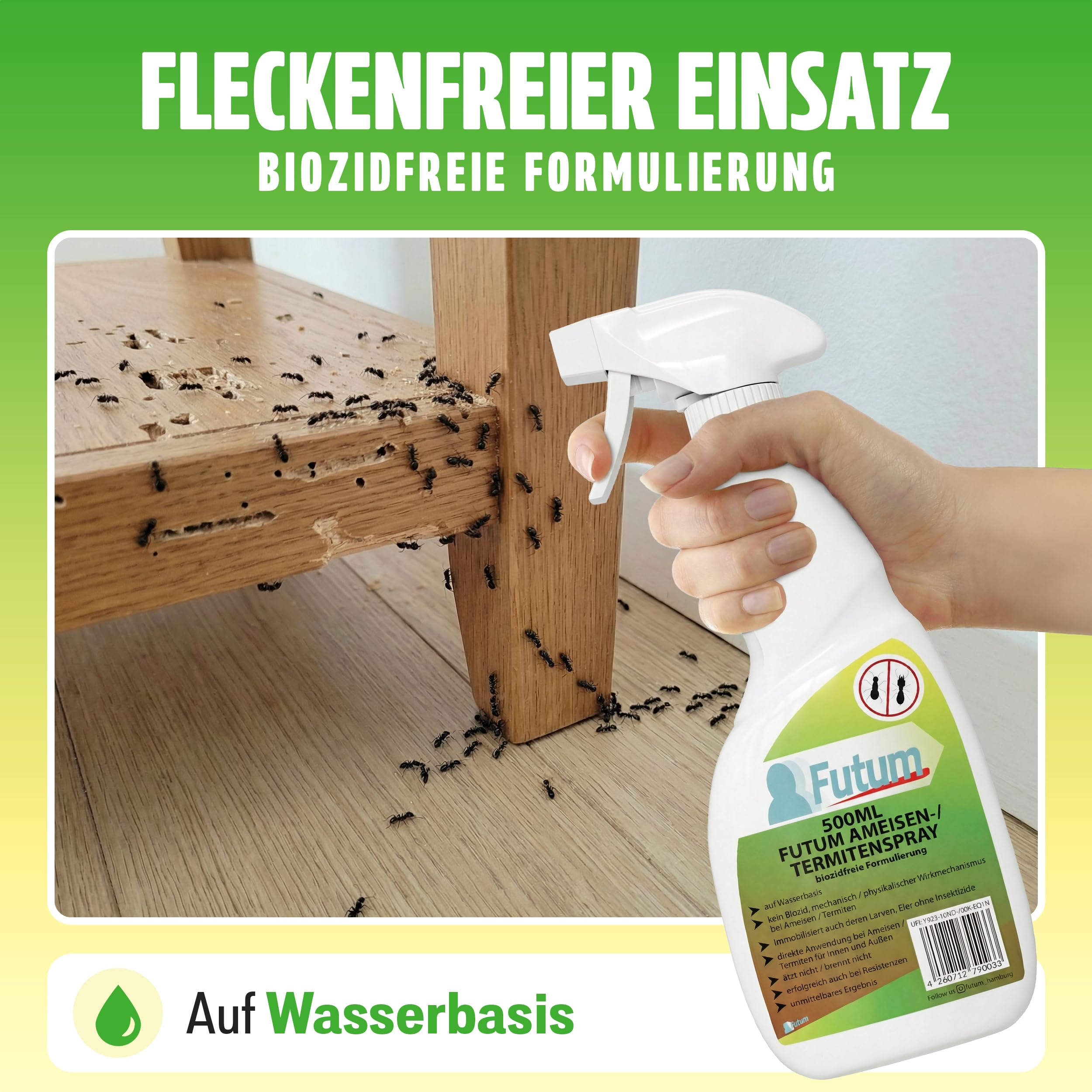 Futum Ameisen Abwehrspray 5L+2L – Wasserbasiert, Geruchsarm, Fleckenfrei, Für Innen & Außen