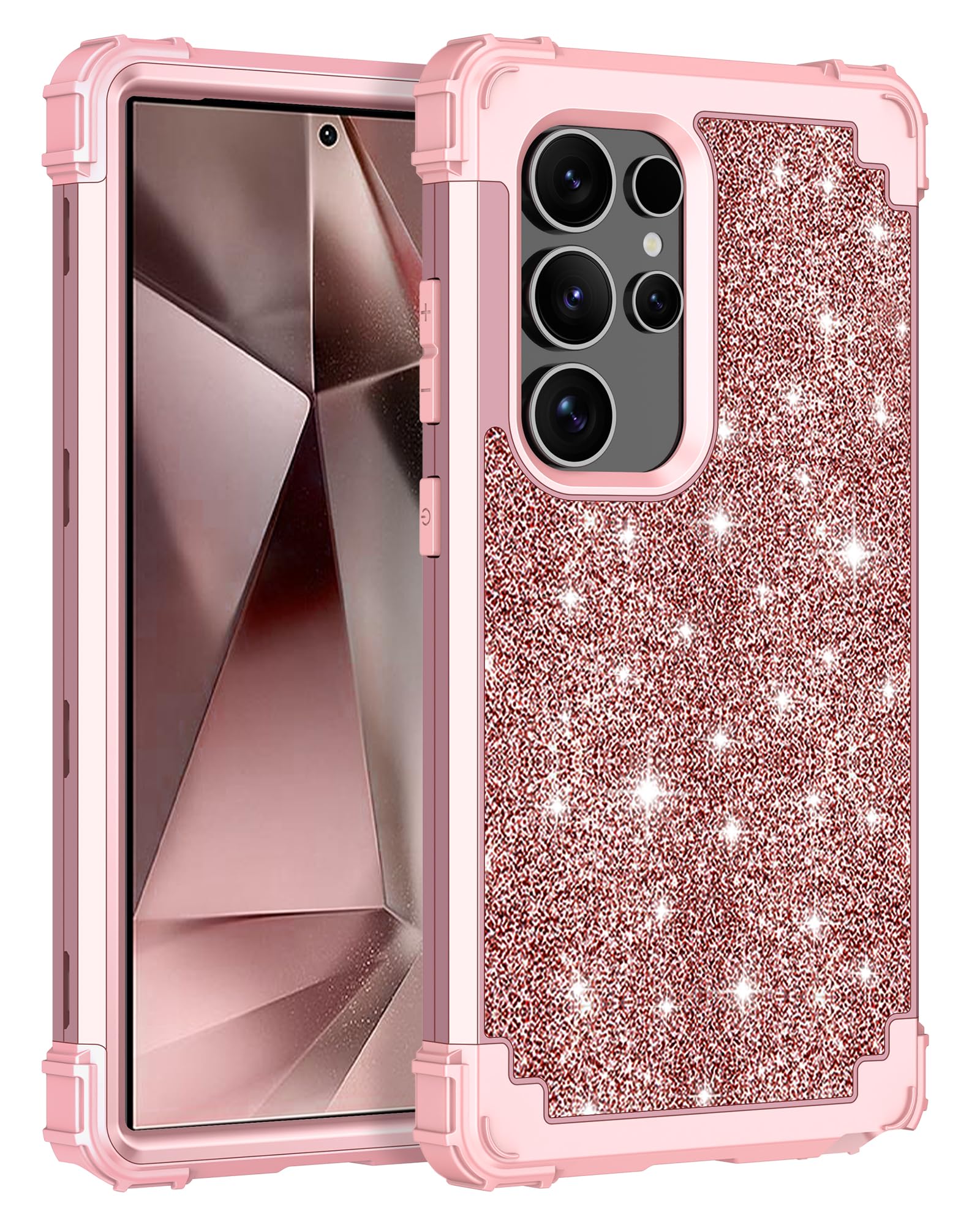 LONTECTfor Galaxy S24 Ultra 5G Case Shockproof Three-Layer Heavy Duty Hybrid Sturdy High Impact Protective Cover Girls Women Glitter Case for Samsung Galaxy S24 Ultra 5G 2024,Shiny Rose Gold