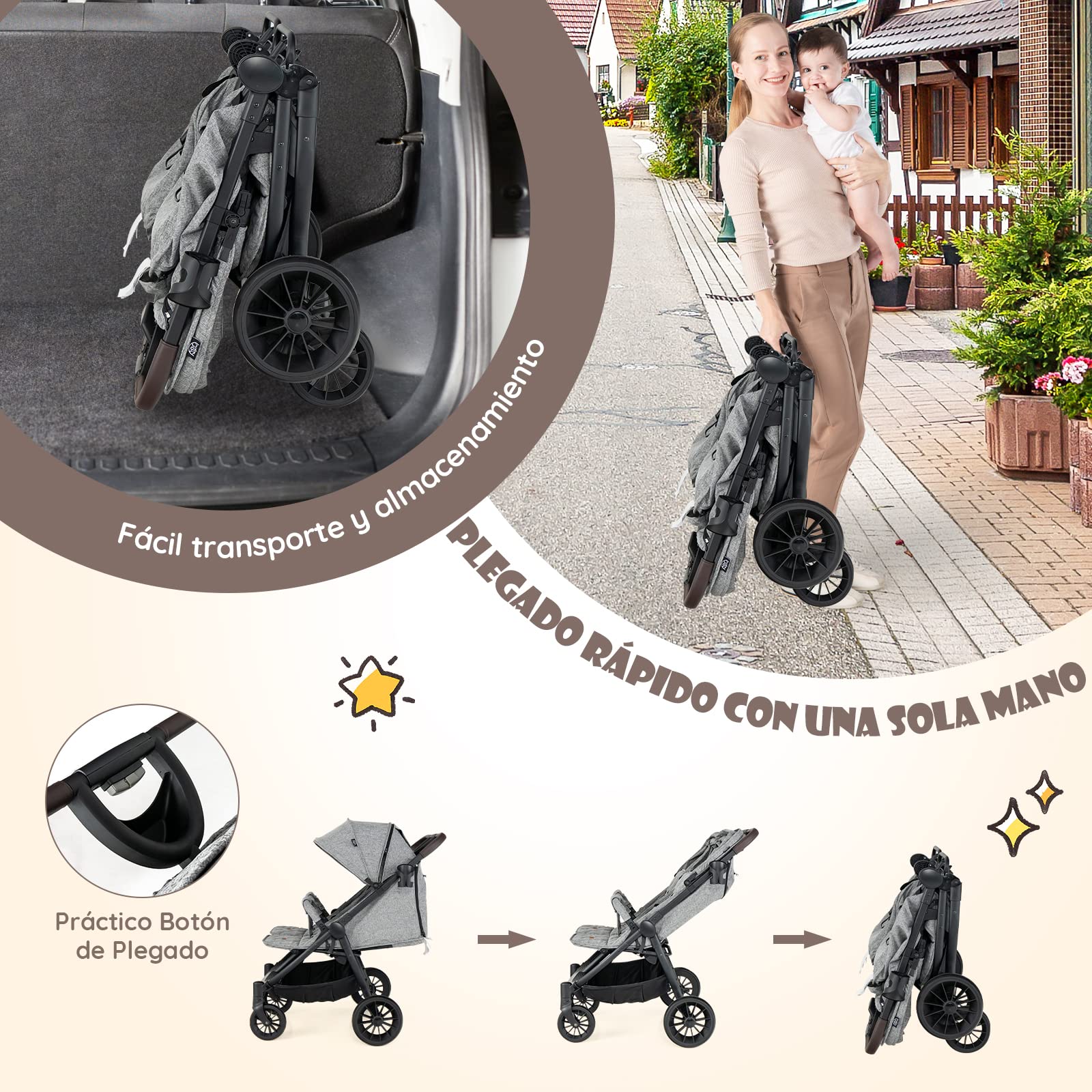 COSTWAY Carrito Gemelar Bebe, Silla de Paseo Gemelar hasta 22 kg, Doble Cochecito de Bebé Plegable, Cochecito Infantil con Reclinación Individual, Respaldo Ajustable, Reposapiés & Toldo (Gris Claro)