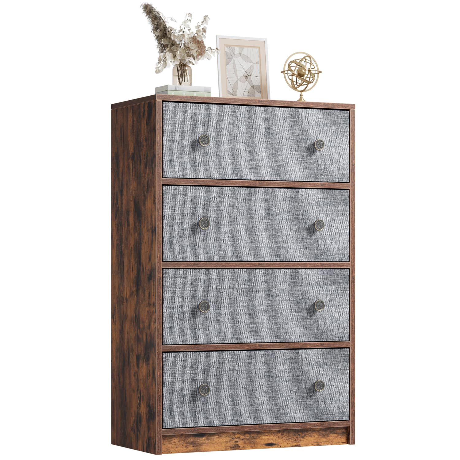 NicehillChest of Drawers with 4 Drawers, Wooden Frame & Retro Handles, Fabric Chest of Drawers for Bedroom, Living Room, Hallway, Entryway, Grey/Rustic Brown