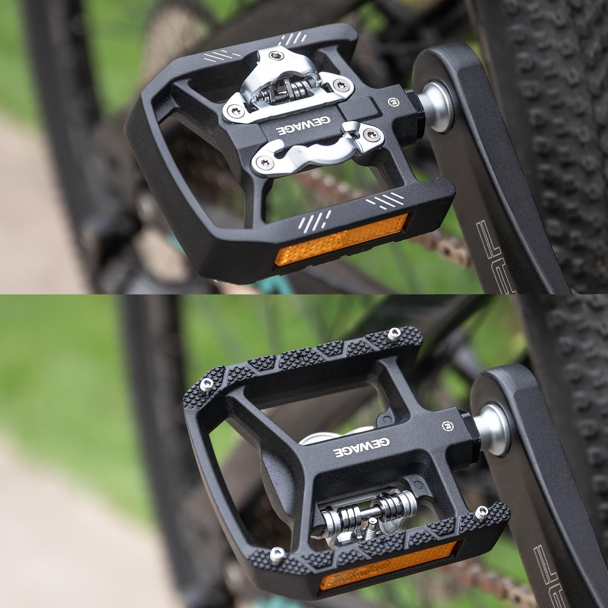 GEWAGE Pedales Bicicleta 2 en 1 SPD/Plataforma – Cuerpo de Aluminio CNC, Tensión Ajustable, Eje Chromoly, Pines Antideslizantes, Incluye 2 Calas SH51, para MTB, Trekking y Bikepacking