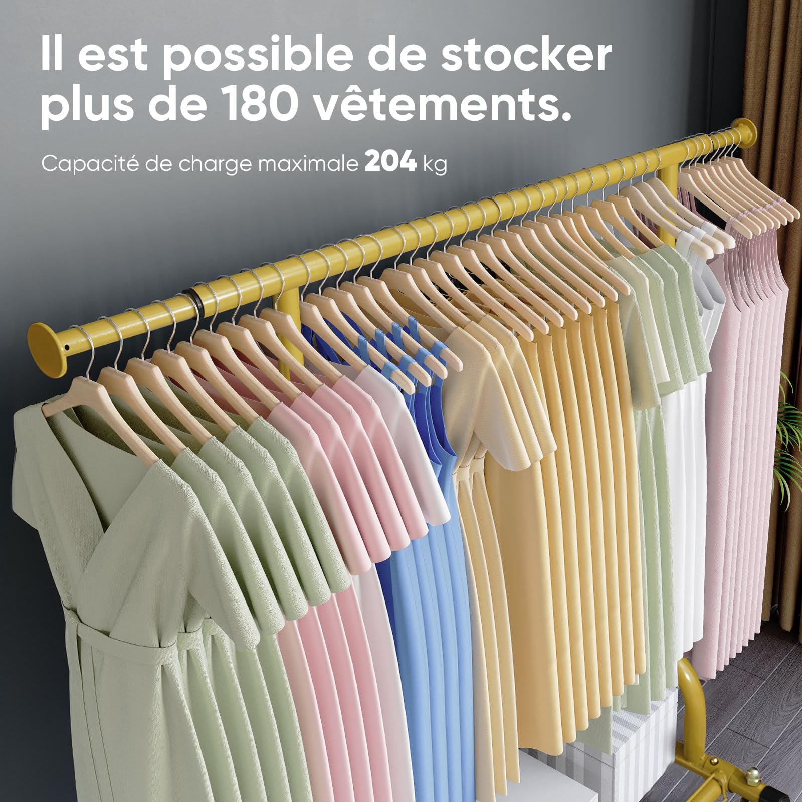 HOKEEPER Portant à vêtements avec étagères, capacité de 200 kg, sur roues, doré