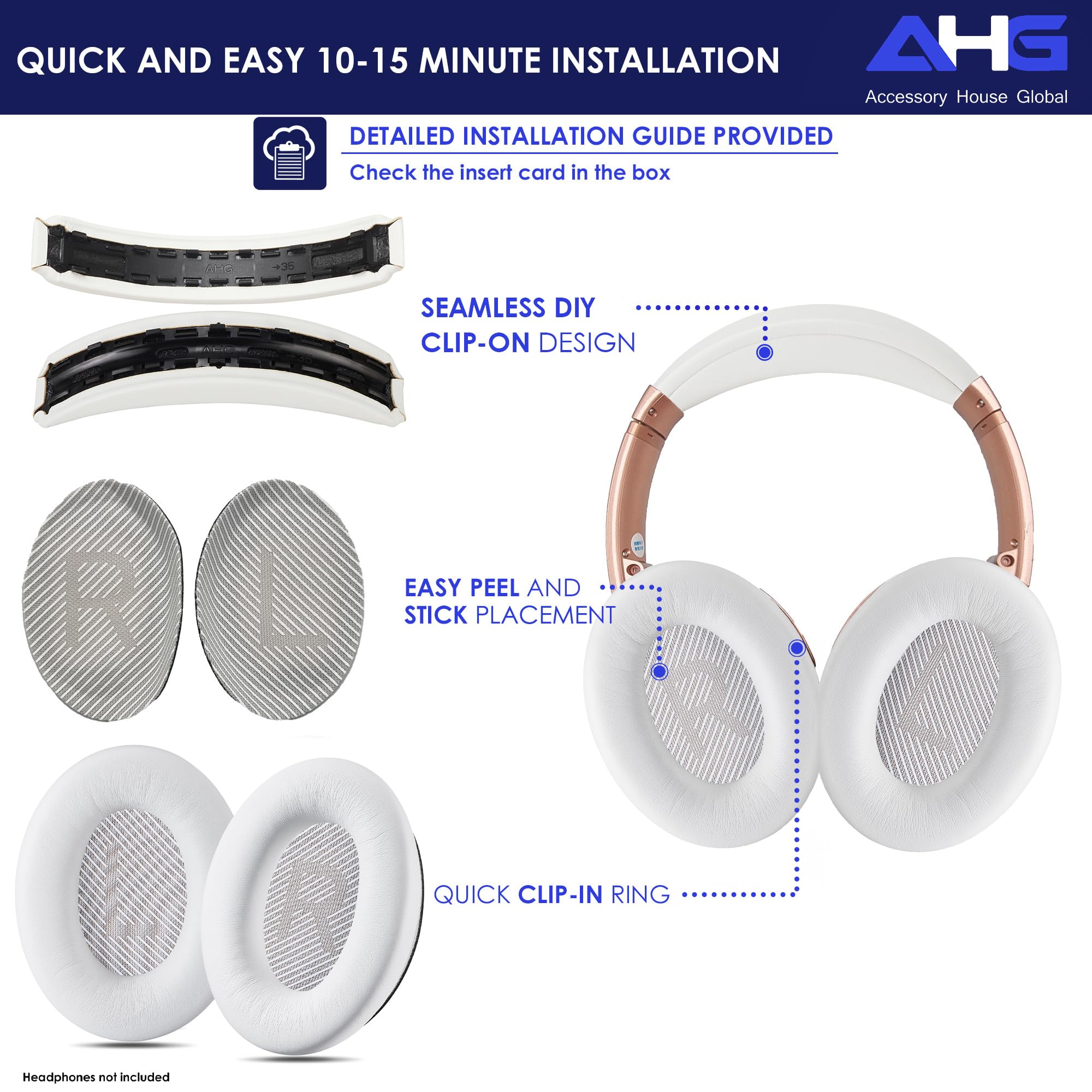 AHG QC35 Oreillettes / QC35 ii Kit de coussinets pour bandeau Compatible avec casque Bose QuietComfort 35 ii / QC35 (blanc). Design de bandeau haut de gamme | Assemblage à faire soi-même sans couture