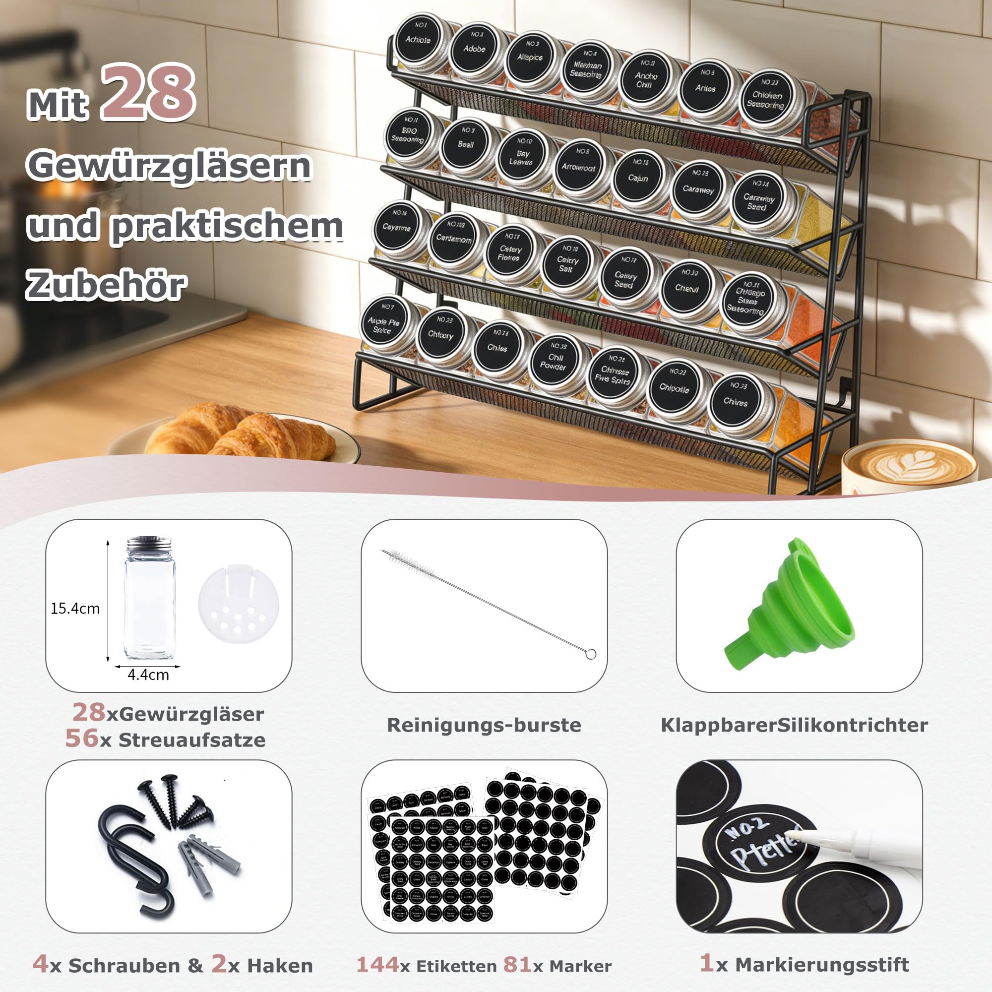 4 Stöckiges Gewürzregal Stehend & Wand 28 Leere Gewürz Organizer mit Gestell und 432 Gewürzetiketten, Spice Rack Gewürzregal Ohne Bohren für Küchen, Schrank, Speisekammer (Packung mit 2)