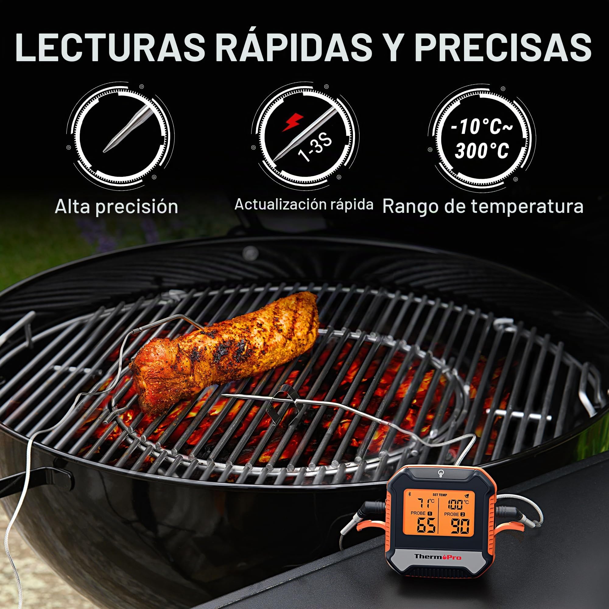 ThermoPro TempPro TP904 Termómetro Digital Para Carne, Control Remoto Bluetooth Termómetro de Cocina Recargable con Aplicación Inteligente, Sondas de Temperatura Duales Aptas Para Alimentos Para Horno