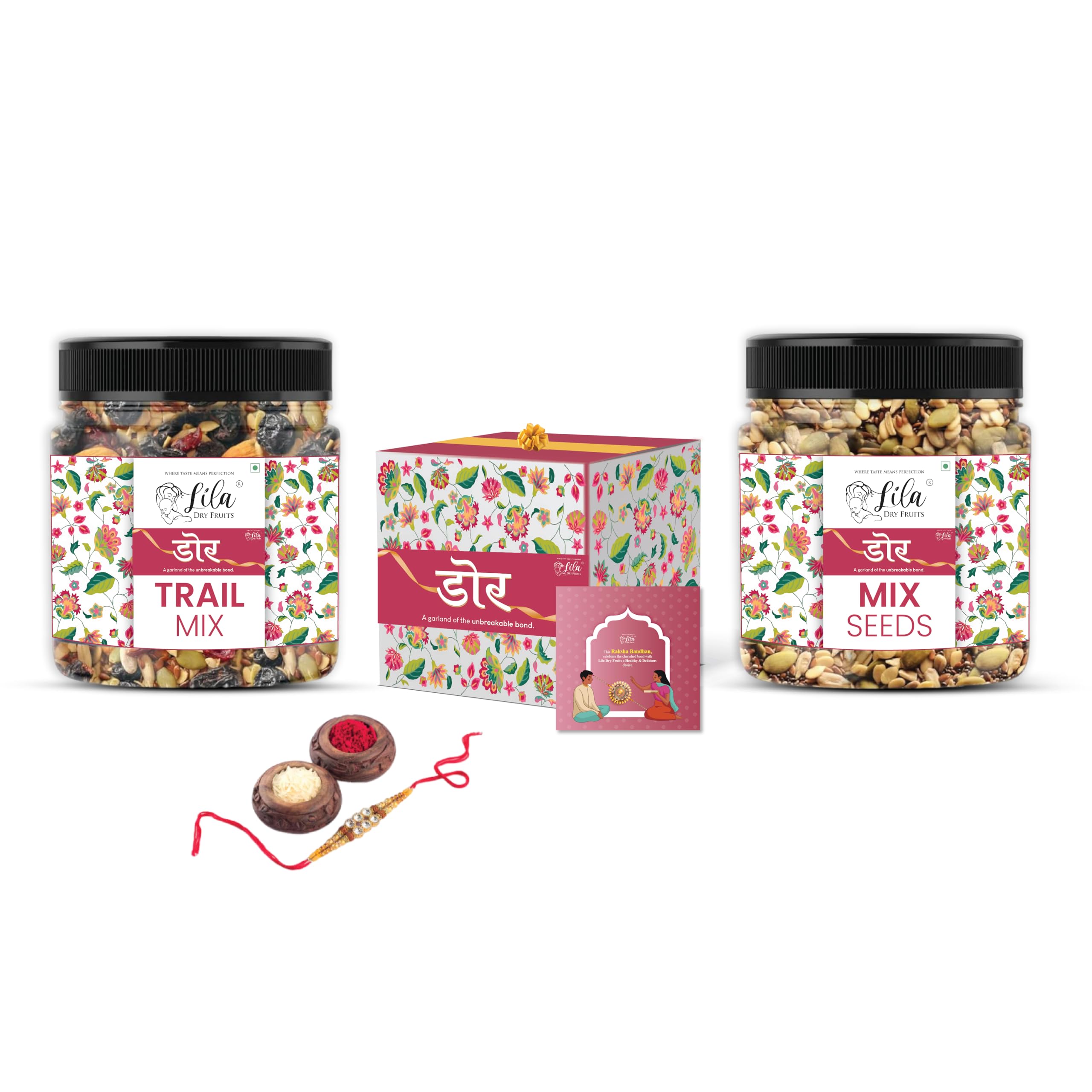 LILA DRY FRUITS Rakshabandhan Rakhi Gift Hamper Combo | Rakhi Card Kumkum Chawal Mix Super Seeds and Trail Mix Dry Fruits | Raksha Bandhan Gifts for Brother & Sister | Festive Pack Traditional Celebration Gift Box | Perfect for Gifting (B0DC71MSB8) Amazon Price History, Amazon Price Tracker