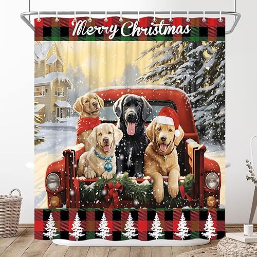 Miniatura 3 de Cortina de ducha de animales de Navidad, camión rojo, llevando perro con sombrero de Papá Noel y búfalo a cuadros, divertida granja, vida silvestre,