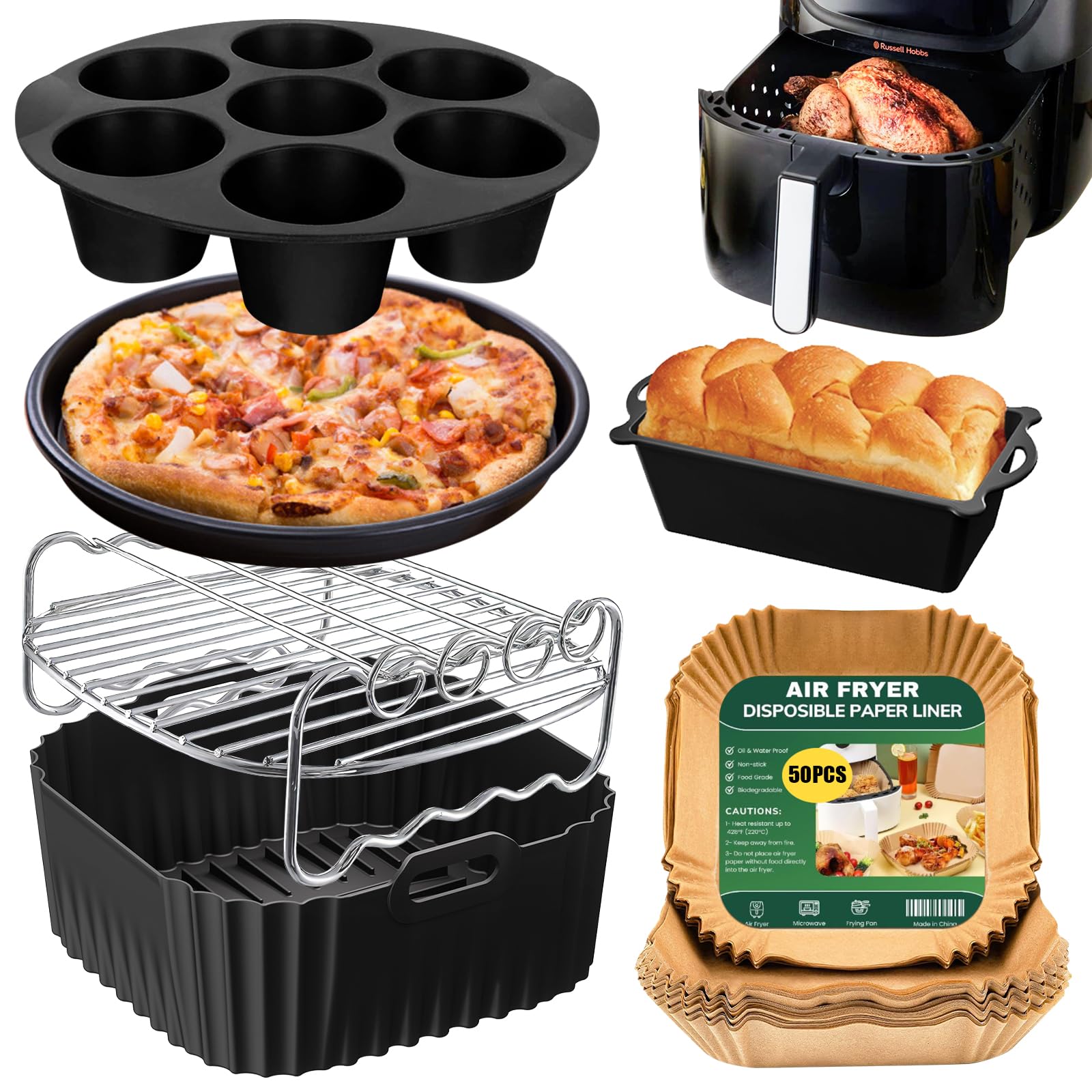 23-25cm Molde Silicona Freidora de Aire para Russell Hobbs Freidora de Aire 8L/8.3L, Reutilizable Recipientes Cuadrado Cesta Utensilios para Air Fryer, Microondas, Horno