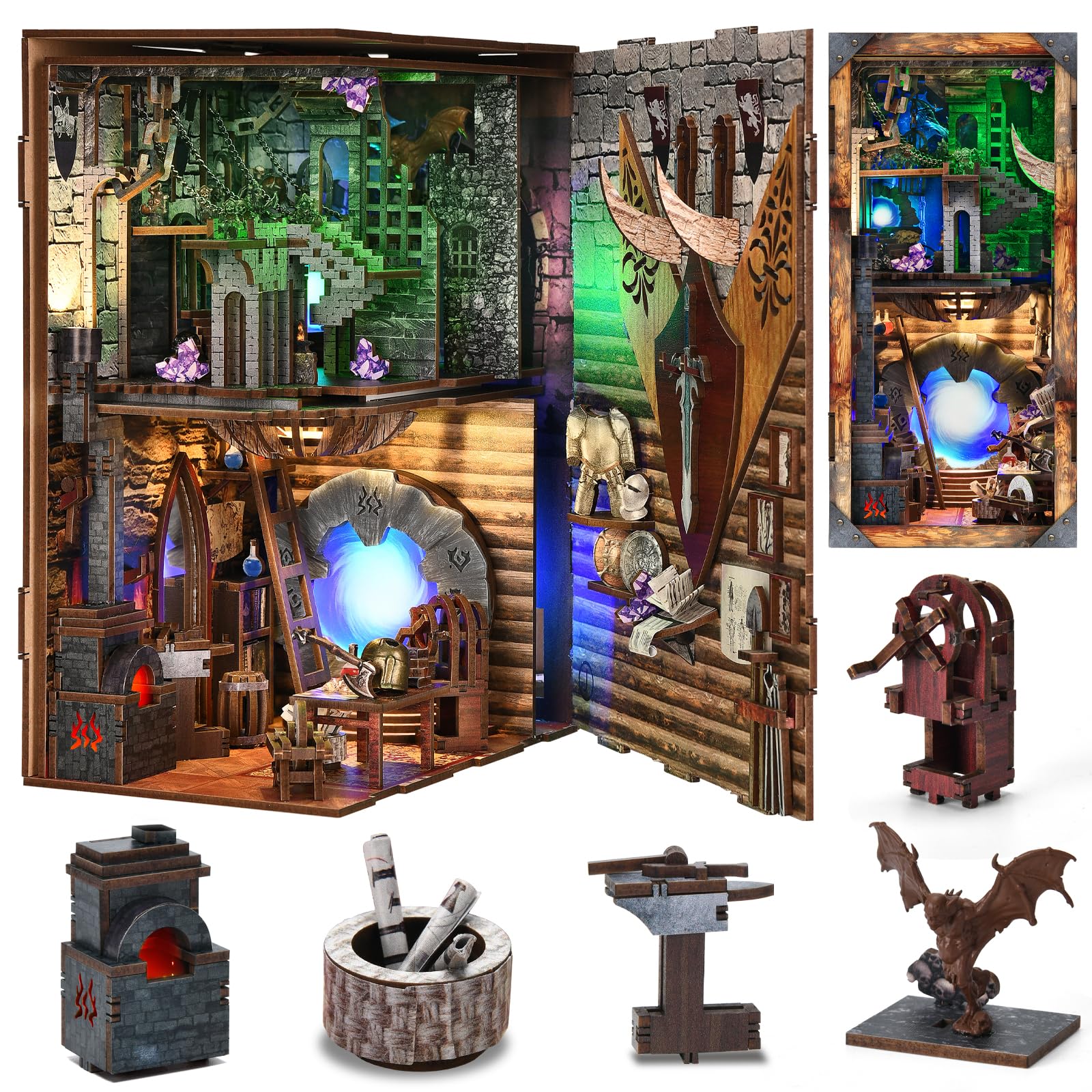 CCCDF DIY Book Nook Kit, DIY Miniature Dollhouse Booknook Kit, 3D Wooden Puzzle Bookend Bookshelf Insert Decor with LED Light for Teens and Adults (