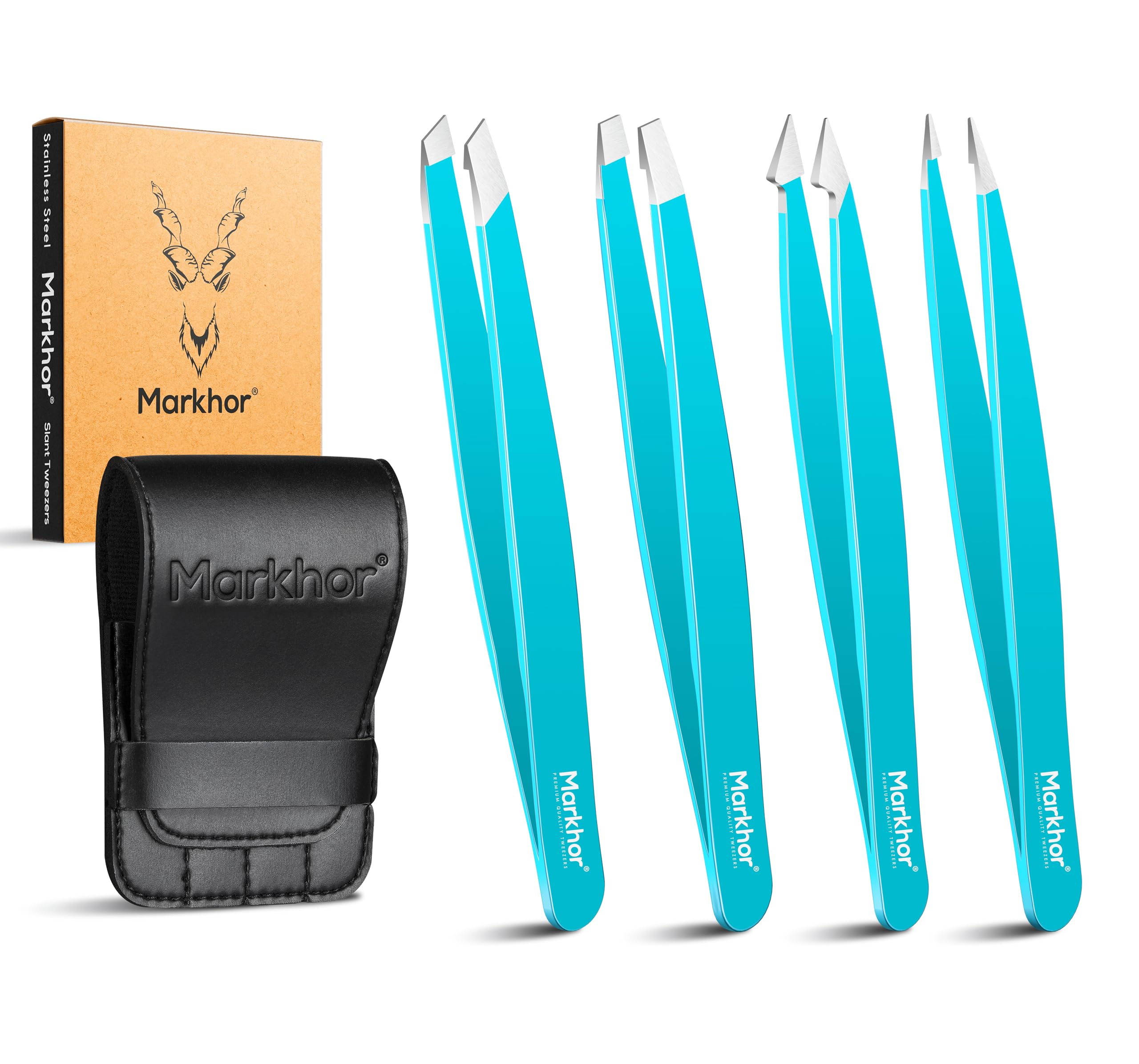 Markhor® Crystal Cyan Tweezers for Facial Hair Women, Pointed Tweezers Precision Tweezers Set, Eyebrow Tweezers Women, Slanted Tweezers Eyebrows, Hair Tweezers