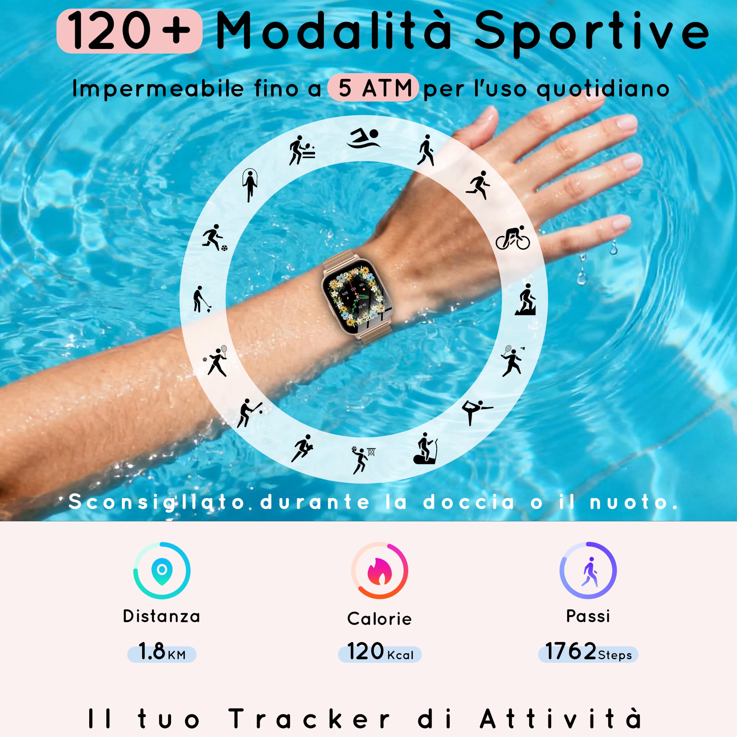 Smartwatch Damen, 1,85" Orologio 30+ Giorni di Autonomia Effettua/Risposta Chiamate con Frequenza/SpO2/Sonno 120+ Sportive Fitness Tracker Smart Watch per iOS Android, Roségold/1000mAh