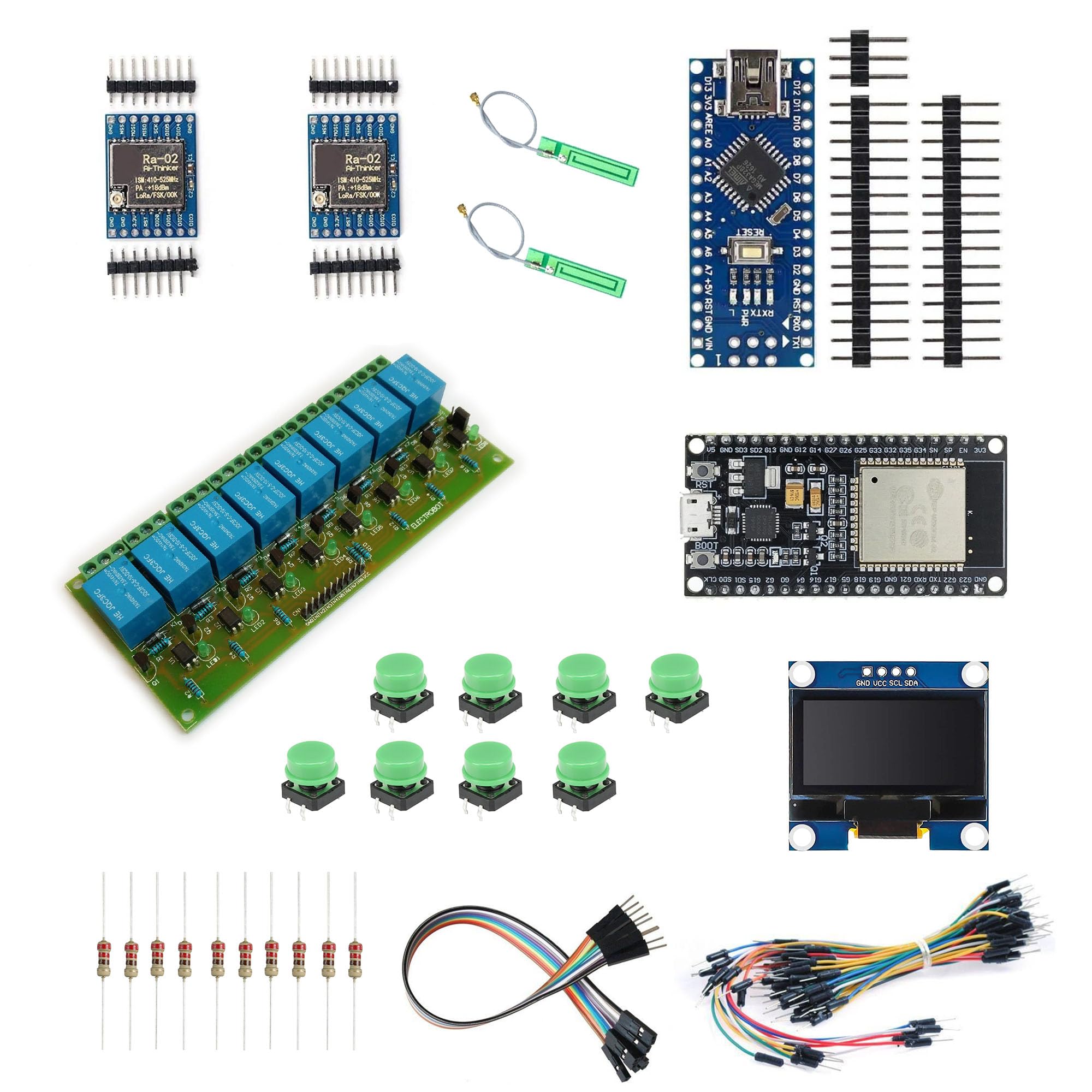 Electrobot DIY 433 Mhz SX1278 LoRa Relay Control Kit, ESP32 & Nano, 8-Channel Optocoupler, OLED Display, Push Buttons