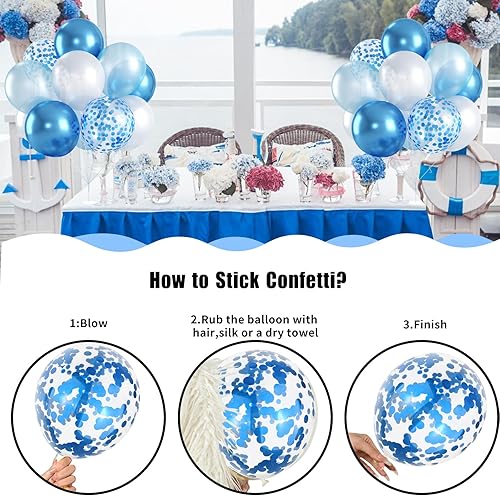 Miniatura 5 de Globos azules y blancos, juego de 60 globos azul claro y blanco con confeti azul metálico, globos azul perla blanca perla de 12 pulgadas para baby