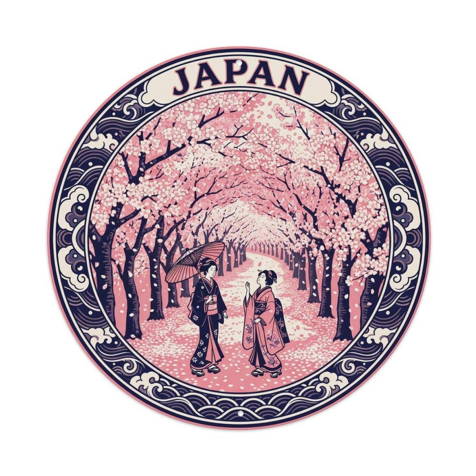Olhnbad Style Sakura Tunnel Path Couple Ukiyo Woodblock Japan Metal Tin Sign