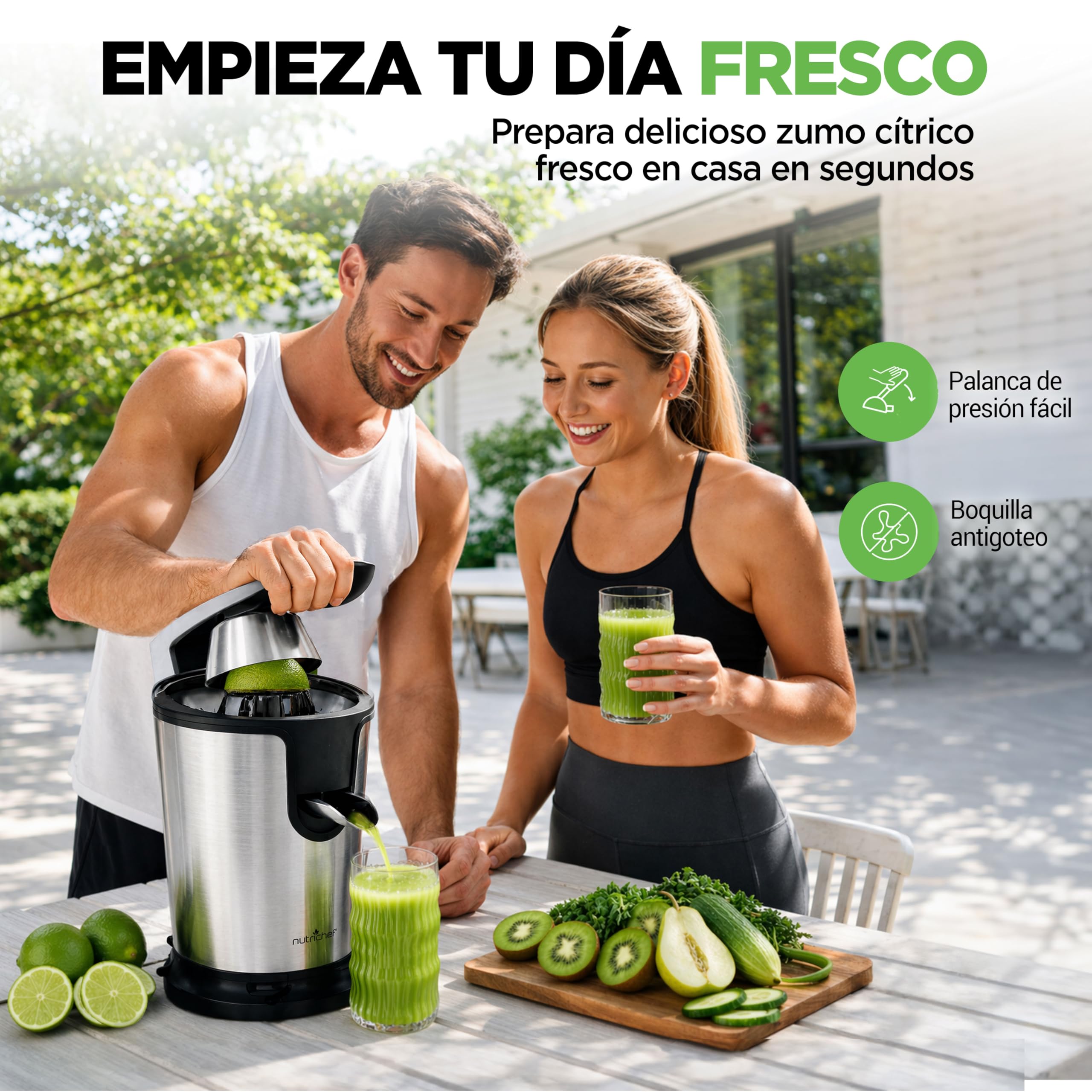 Nutrichef exprimidor de naranjas electrico, Zumo, Acero inoxidable, Con mango de presion manual, Filtro de pulpa ajustable, Apto para lavavjillas, Motor de 160W