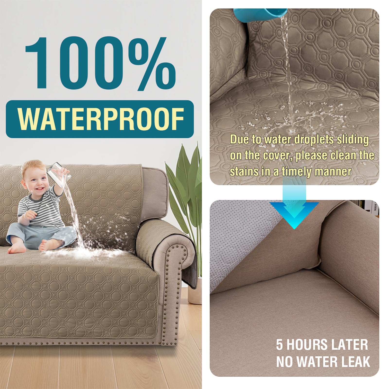 BellaHills Armchair Covers 100% Waterproof Sofa Cover Non-Slip Sofa Slipcovers Couch Covers Washable with Elastic Strap Sofa Protectors from Pets Seat Width 22"(1 Seater - Image 4