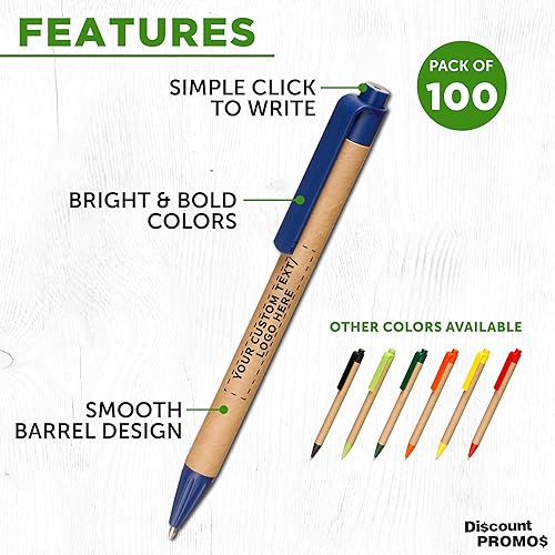 Miniatura 2 de DISCOUNT PROMOS Juego de 100 bolígrafos de negocios personalizados, paquete a granel, bolígrafos promocionales con logotipo, tinta negra, azul