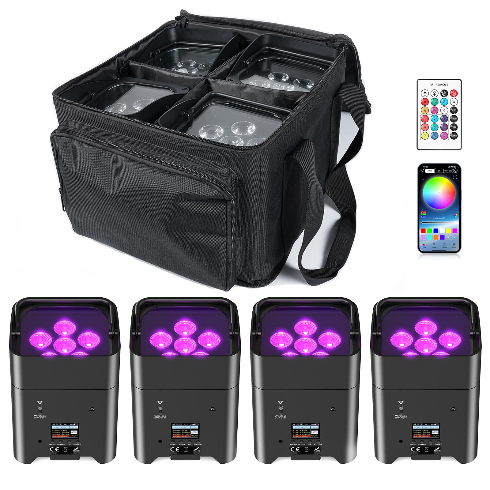 LED Par Akku, 4 Stück 108W 6 in 1 RGBWA+UV Bühnenlicht mit 9600mAh, Lichtpaket, APP Kontrolle, LED Strahler Akku mit DMX und Fernbedienung für Party, Bar, Halloween, Weihnachten | Lichtpaket, APP Kontrolle, LED Strahler Akku mit DMX und Fernbedienung für