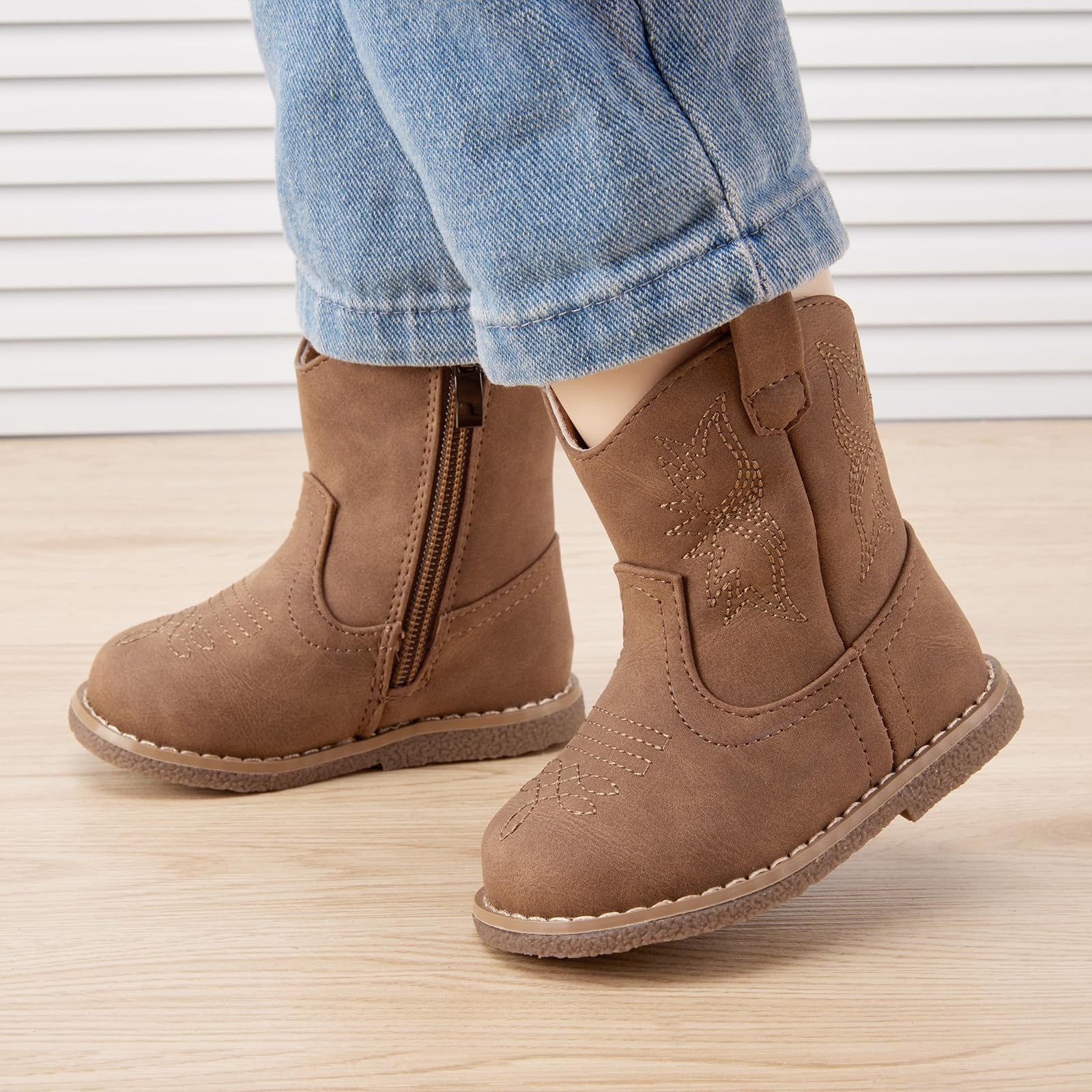 BMCiTYBM Baby Cowboy Cowgirl Boots Infant Western Boots Toddler Boys Girls Round Toe Riding Mid Calf Boots All Seasons for 6 9 12 18 24 Months Brown Size 5 Toddler