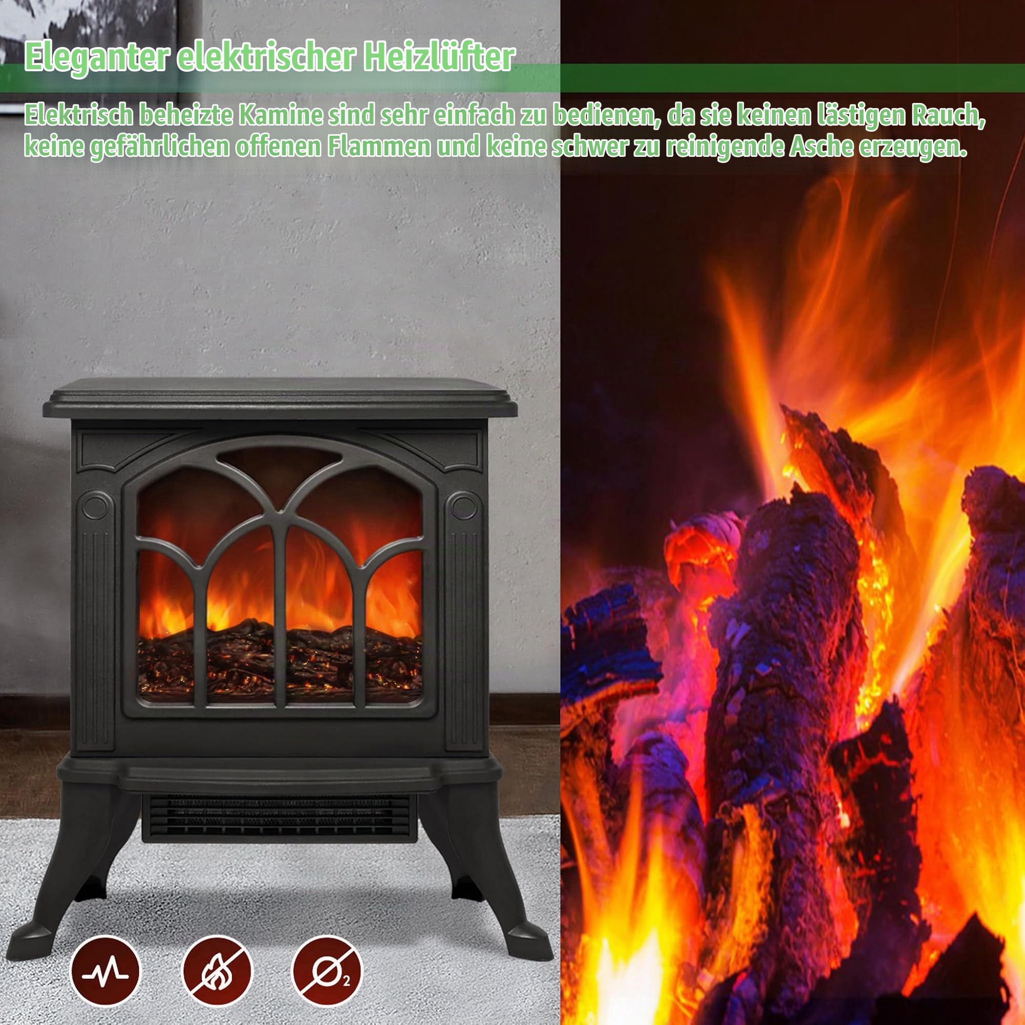 Elektrokamin mit LED Flammeneffekt Kaminfeuer Freistehend Elektrische Kamine 2 Heizstufen Einstellbare Kaminofen 750W/1500W Elektro Heizungen Geräuscharm Dekokamin für Wohnzimmer & Innenräume