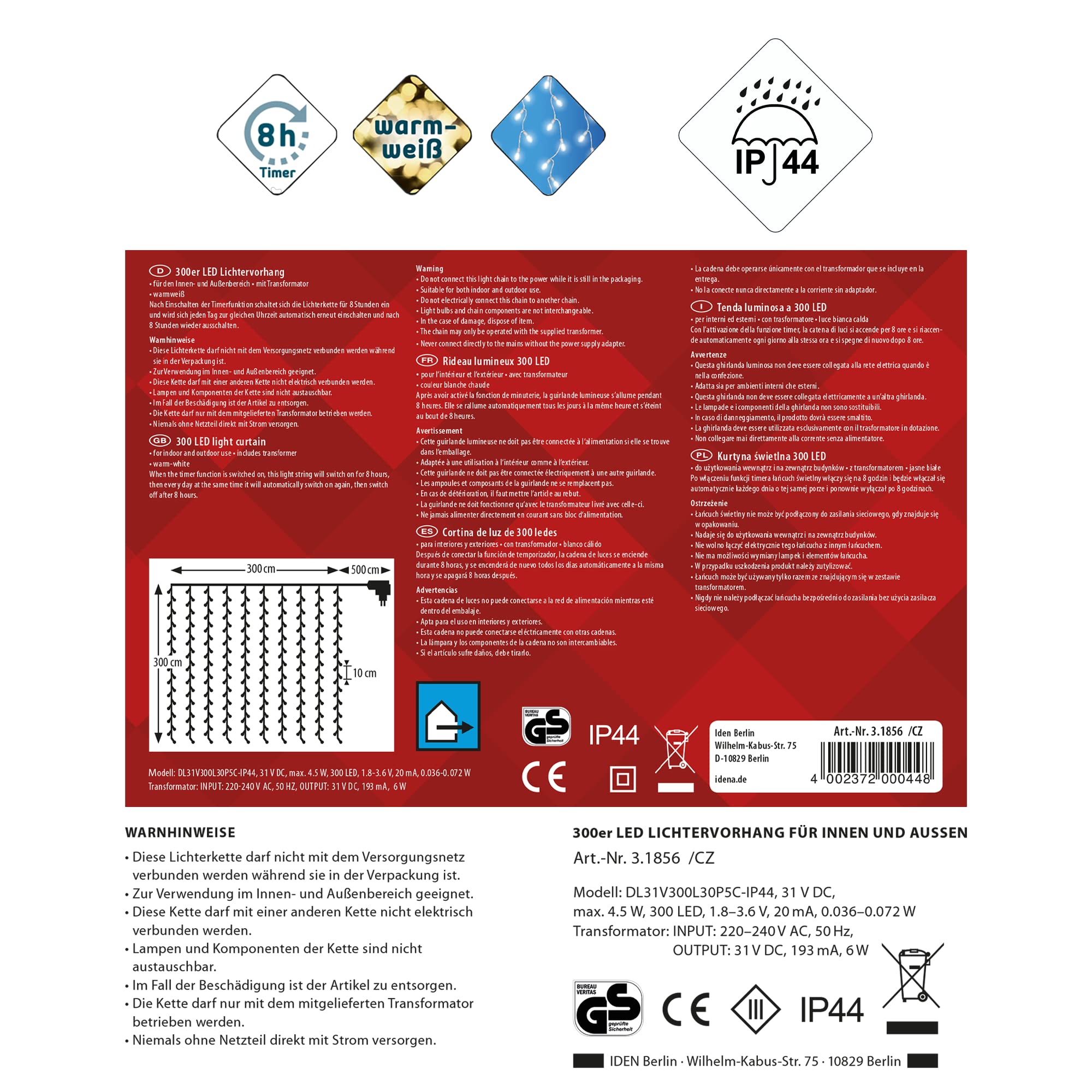 Idena 31856 - LED Lichtervorhang mit 300 LED in warmweiß, mit 8 Stunden Timer Funktion & Transformator, mit 10 Strängen ca. 3 x 3 m groß, Deko für Innen & Außen, als Party Deko, Weihnachtsdeko