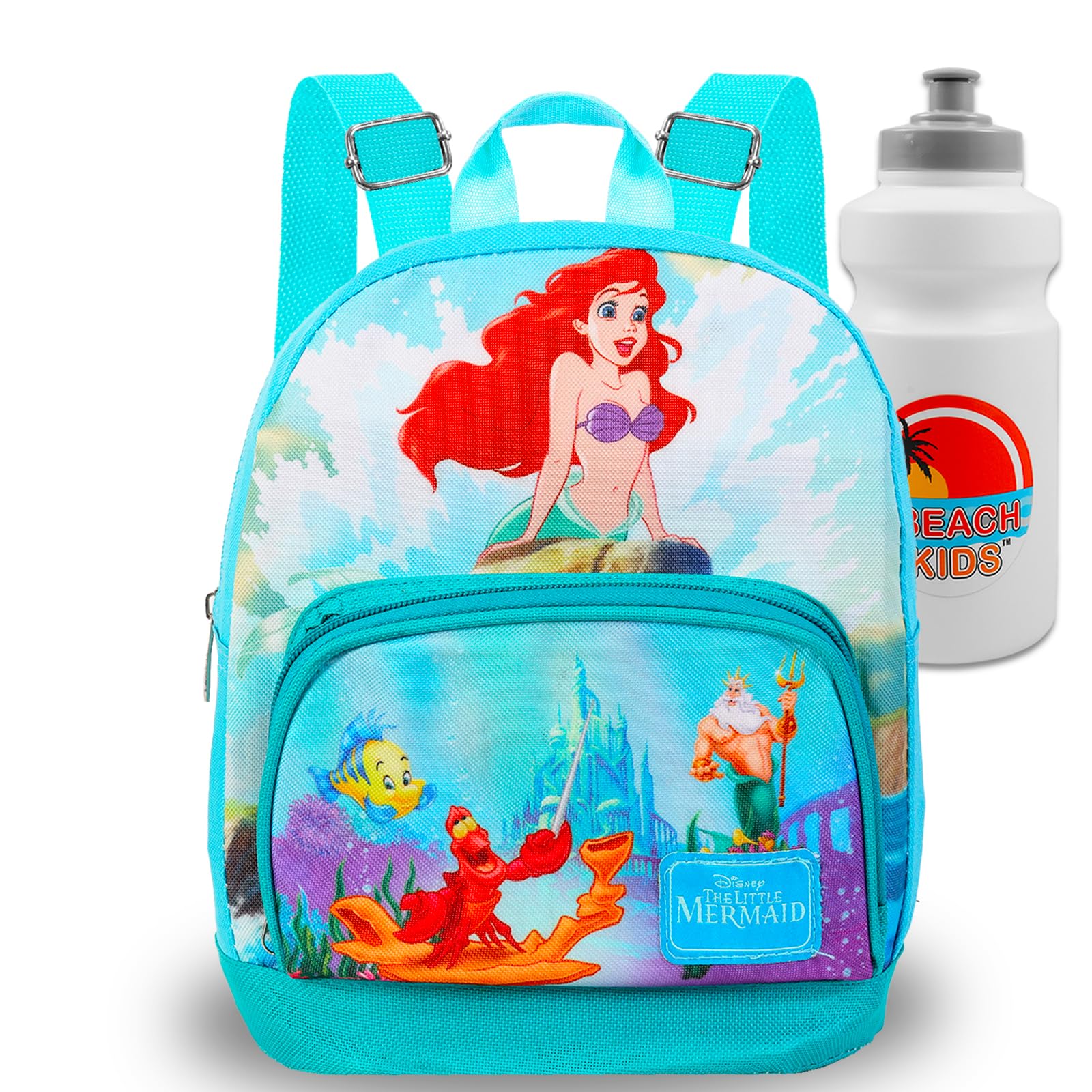 The Little Mermaid Mini Backpack - 10" Iconic Woven Small Backpack with Front Pocket and Bottle Bundle | Adjusts to Fit Kids, Toddlers, Teens, Women,