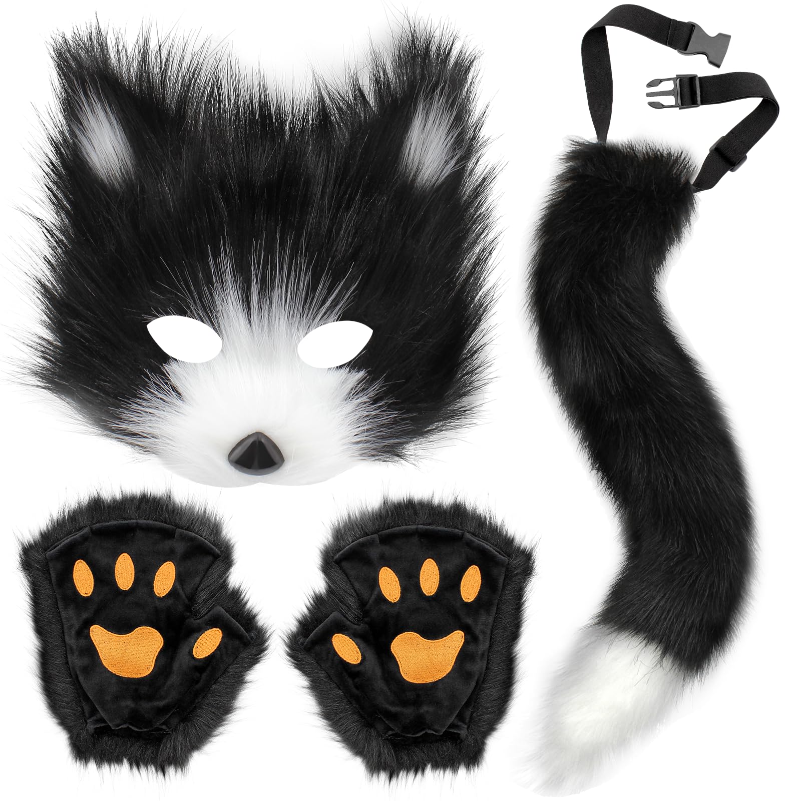 Moyubath Therian Mask and Tail Set, Handmade Wolf Paw Gloves Faux Fur Fox Tail Cat Cosplay Halloween Masquerade Costume Black&White
