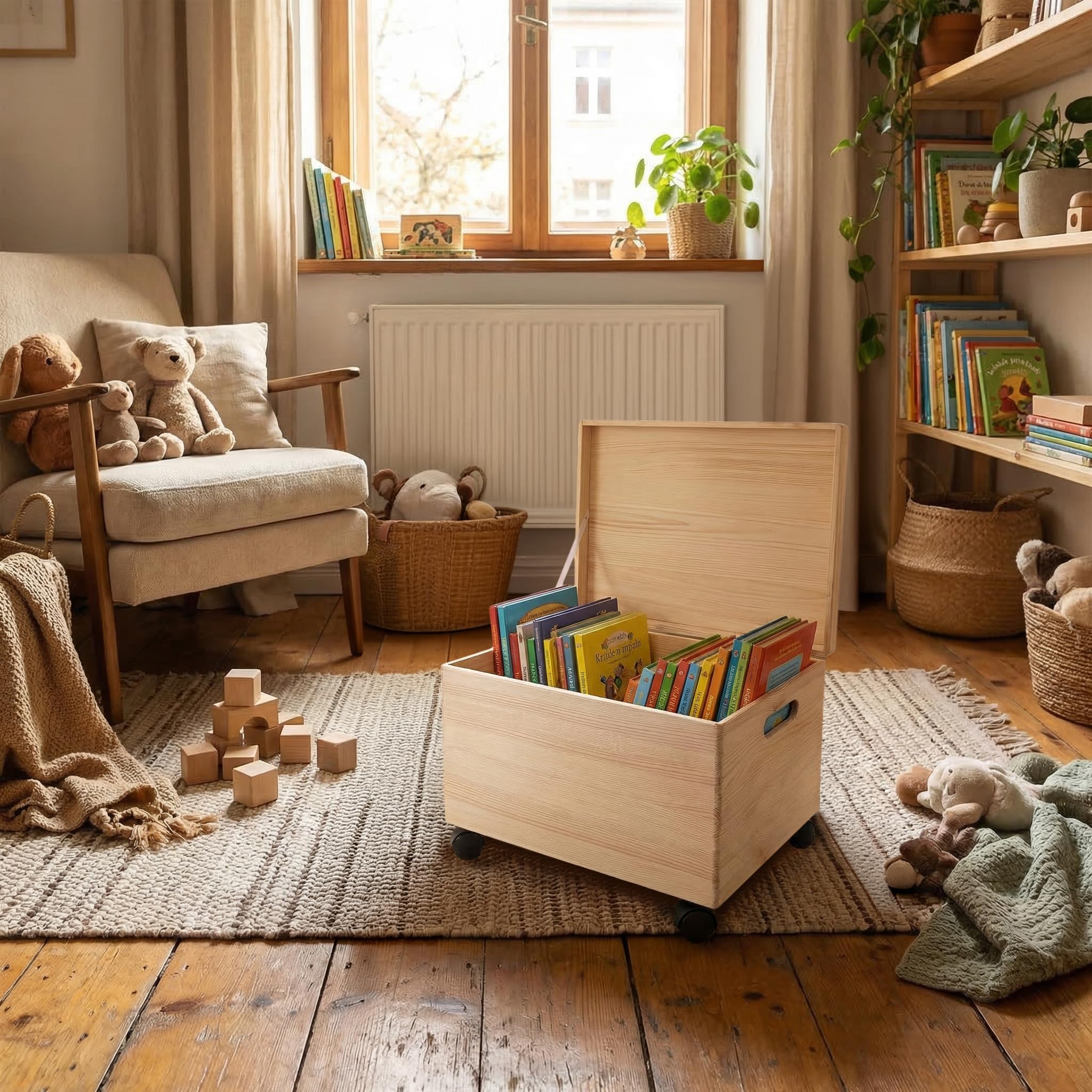 Creative Deco XXL Große Holzkiste mit Deckel und Rollen | 40x30x24 cm | (+/-1cm) | Ostern Holztruhe Erinnerungsbox Baby Holzbox mit Deckel und Griffen | Leicht zu transportieren | ROH UNGESCHLIFFEN