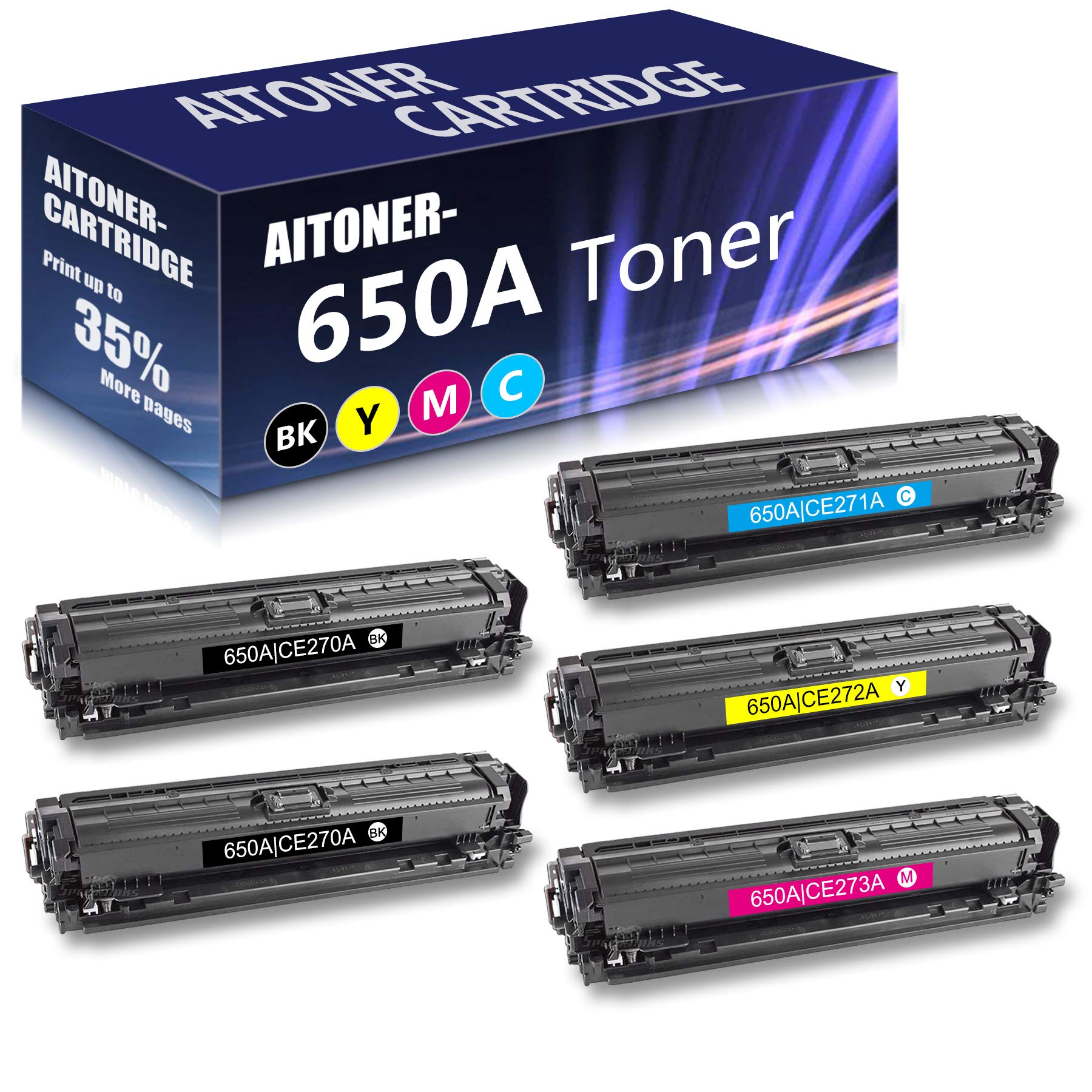5 Pack (2BK+1C+1M+1Y) 650A | CE270A CE271A CE272A CE273A Remanufactured Toner Cartridge Replacement 