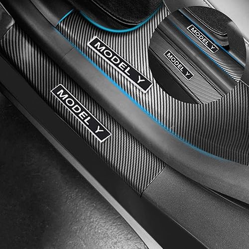 Miniatura 2 de FLAMPETUS Protector de umbral de puerta para el modelo Tesla Y, protectores de entrada de puerta con patrón de fibra de carbono brillante,
