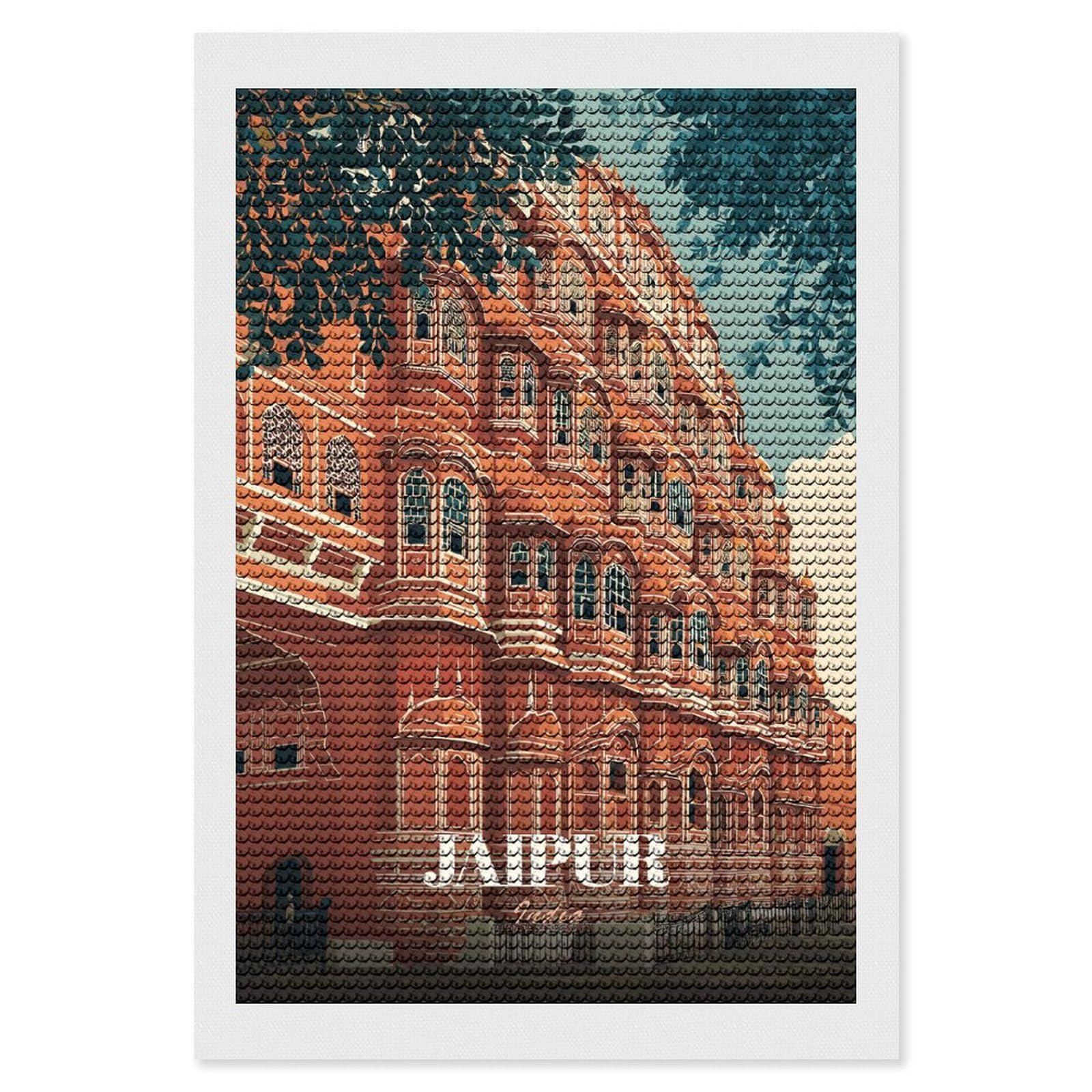 Junmoney Hawa Mahal, Jaipur India Illustration Diamond Art Canvas 8"x12", for Adults, Pleasing Wall Art Project, Modern Decor, Gift Idea, Nice Detail and Sparkle