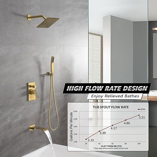 Miniatura 3 de sumerain Sistema de grifo para bañera y ducha con boquilla de cascada y cabezal de ducha de mano, válvula equilibrada de presión, oro cepillado