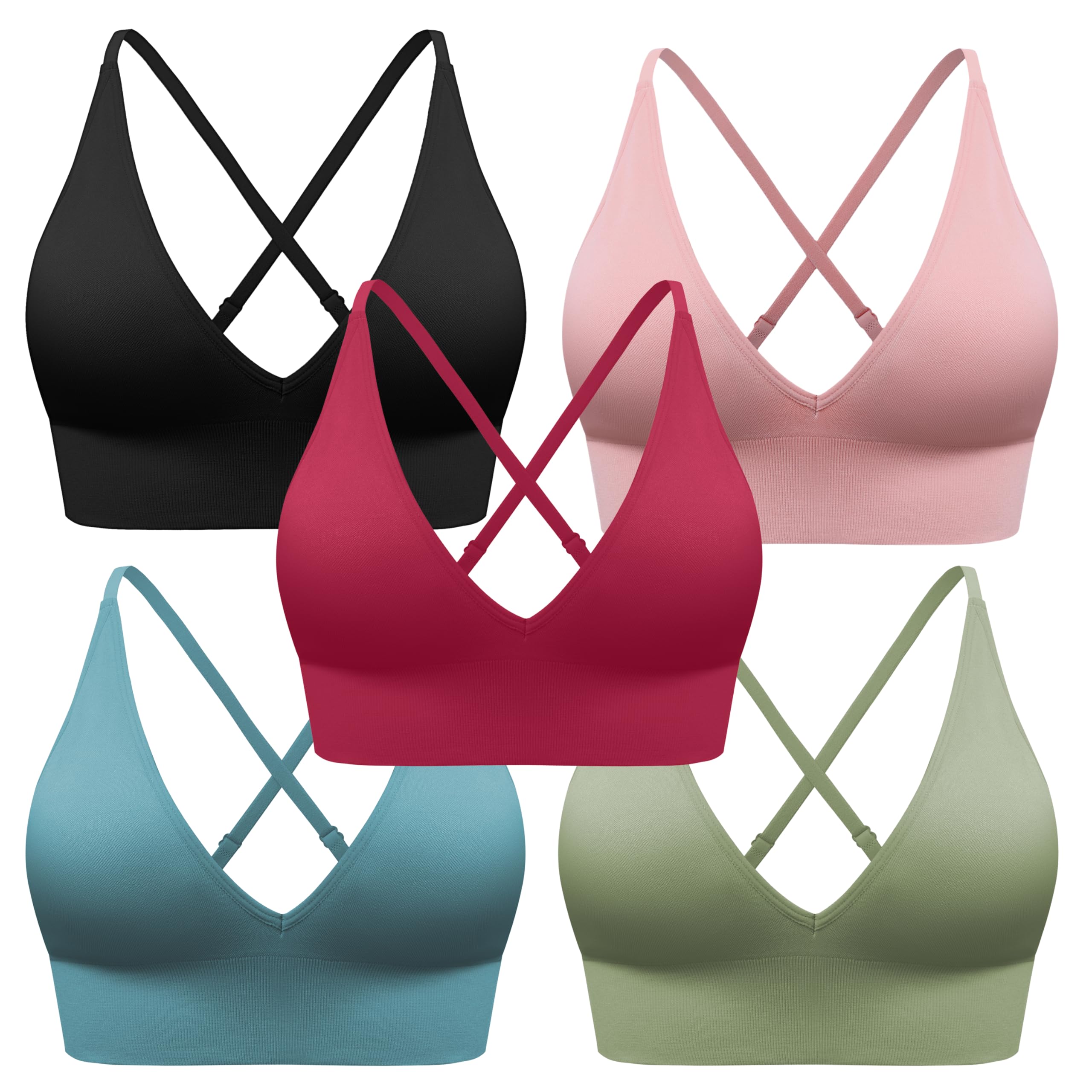 Reggiseno sportivo da donna con scollo a V profondo, coppe imbottite incrociate regolabili, spalline sottili per allenamento, yoga