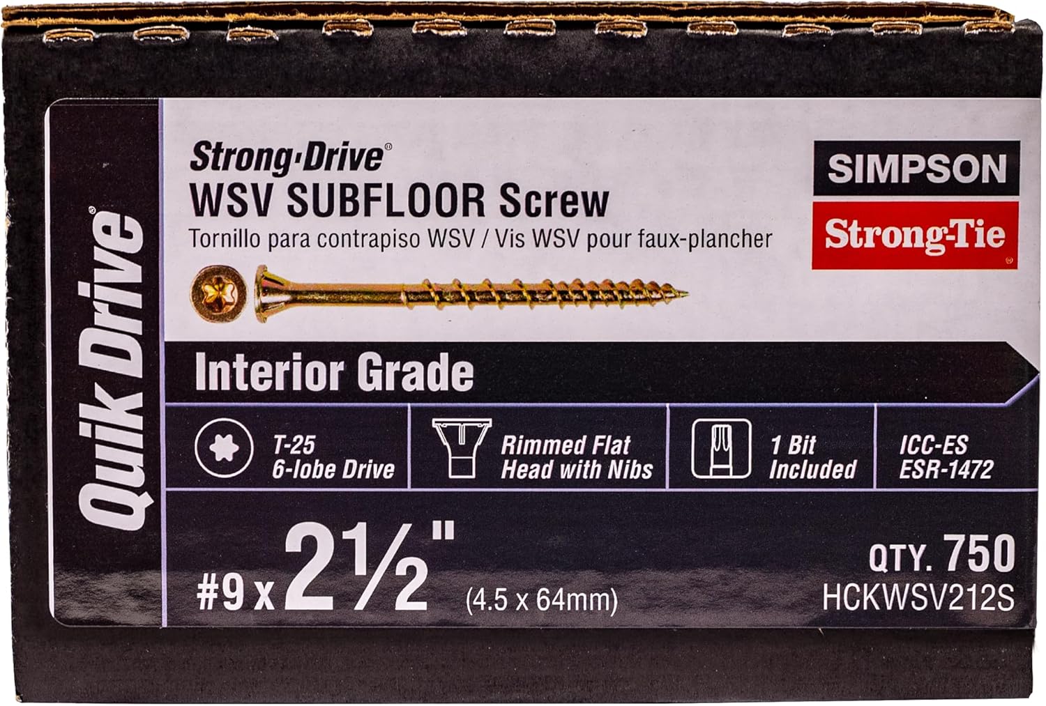 Simpson Strong-Tie HCKWSV212S Strong-Drive WSV SUBFLOOR Screw (Collated) #9 x 2-1/2 in. T-25, Yellow-Zinc (750-Qty)