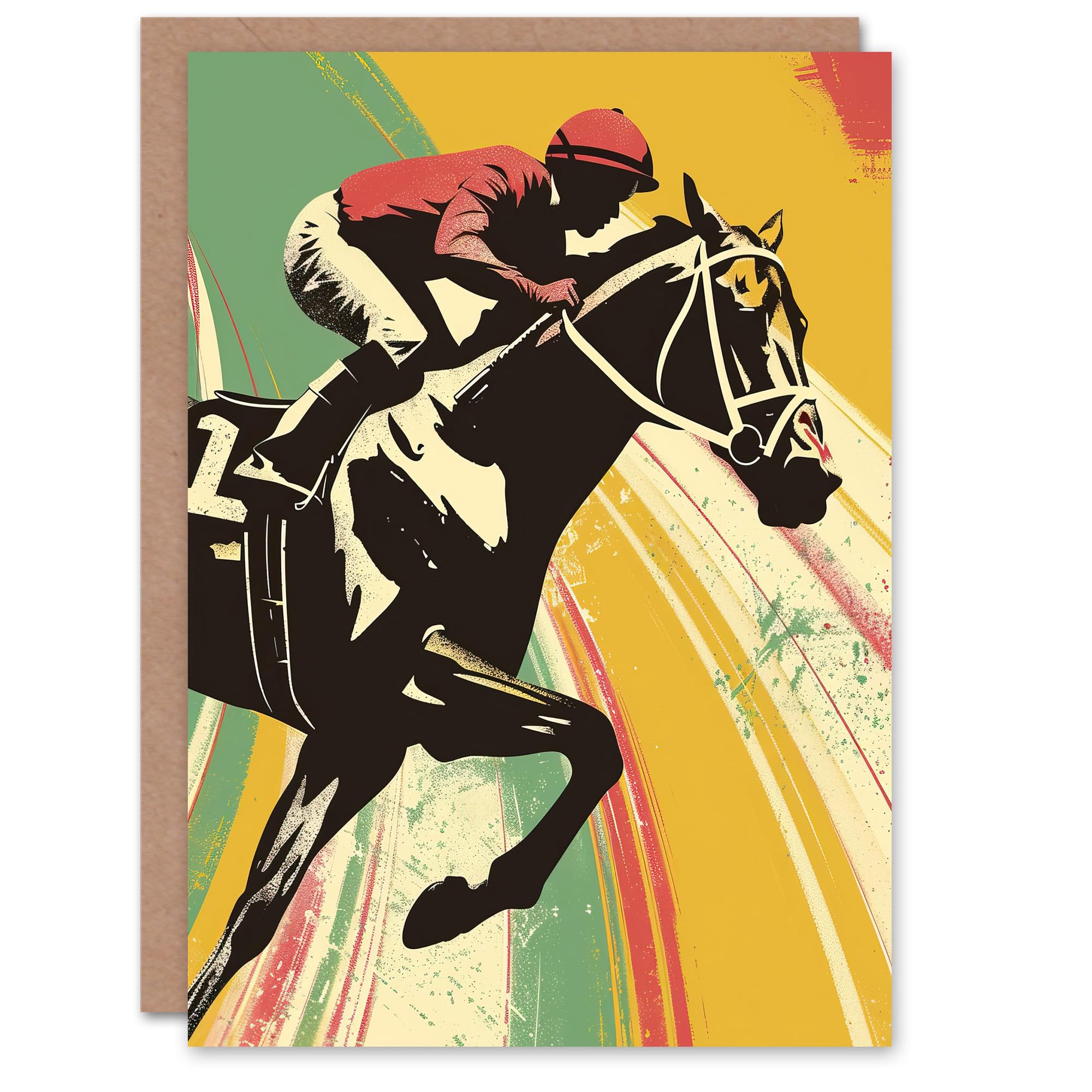 Artery8 Greeting Card Jockey on Race Horse Artwork Bold Colourful Pop Blank For All Him Or Her Art Birthday Card