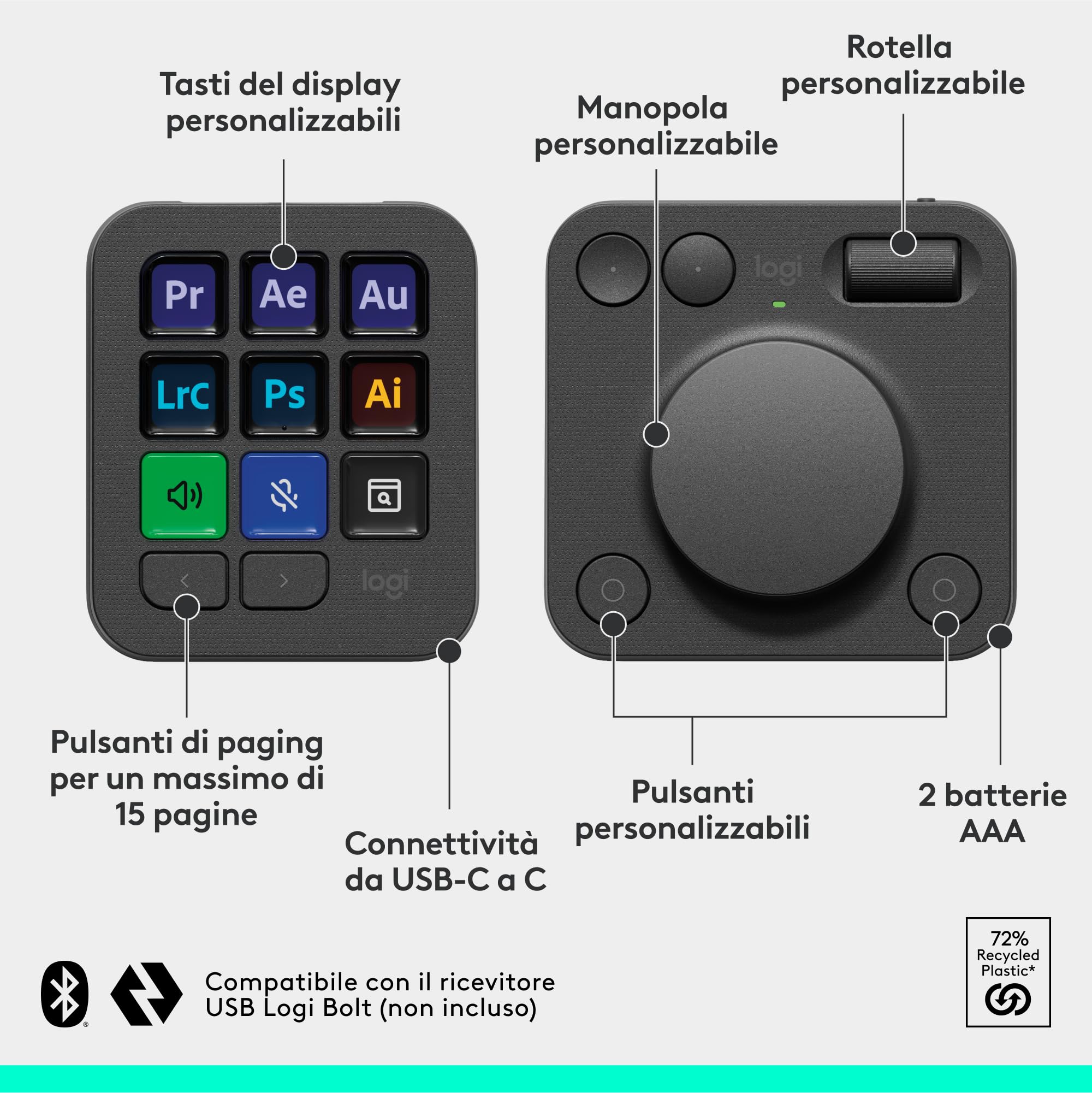 Logitech MX Creative Console, keypad programmabile con 9 tasti LCD personalizzabili e manopola di controllo per progettazione grafica, montaggio video, fotografia, per Adobe, Zoom, Spotify - Grafite