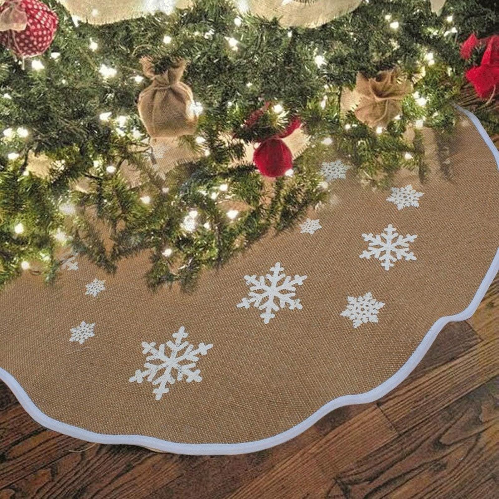 Gonna Albero di Natale Gonna per Albero di Natale Beige con Fiocco Di Neve Bianco Stampato Tappeto Rotondo per Albero di Natale Gonna per Albero di Natale 120 cm