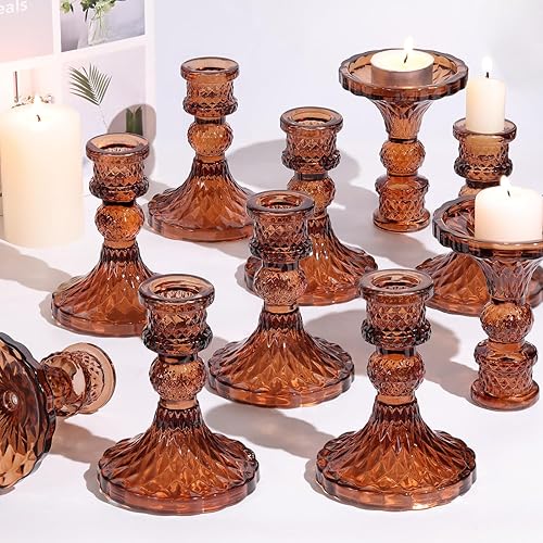 Juego de 12 portavelas ámbar, portavelas cónico de vidrio, candelabros ámbar, portavelas para centros de mesa, vintage, decoración del hogar