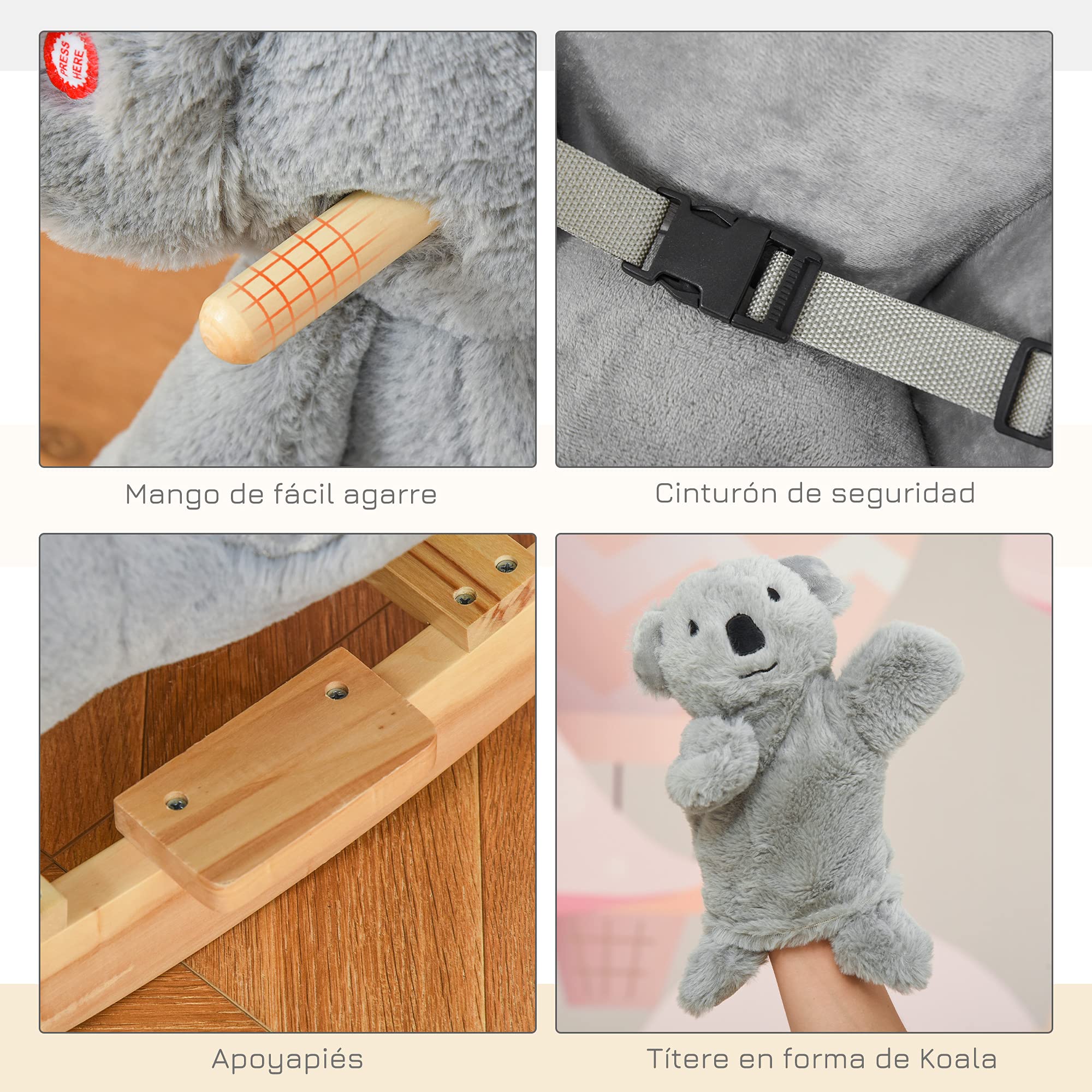 HOMCOM Caballito Balancín Infantil en Forma de Koala con Títere para Bebés 18-36 Meses con Sonido Cinturón de Seguridad y Reposapiés 60x33x50 cm Gris