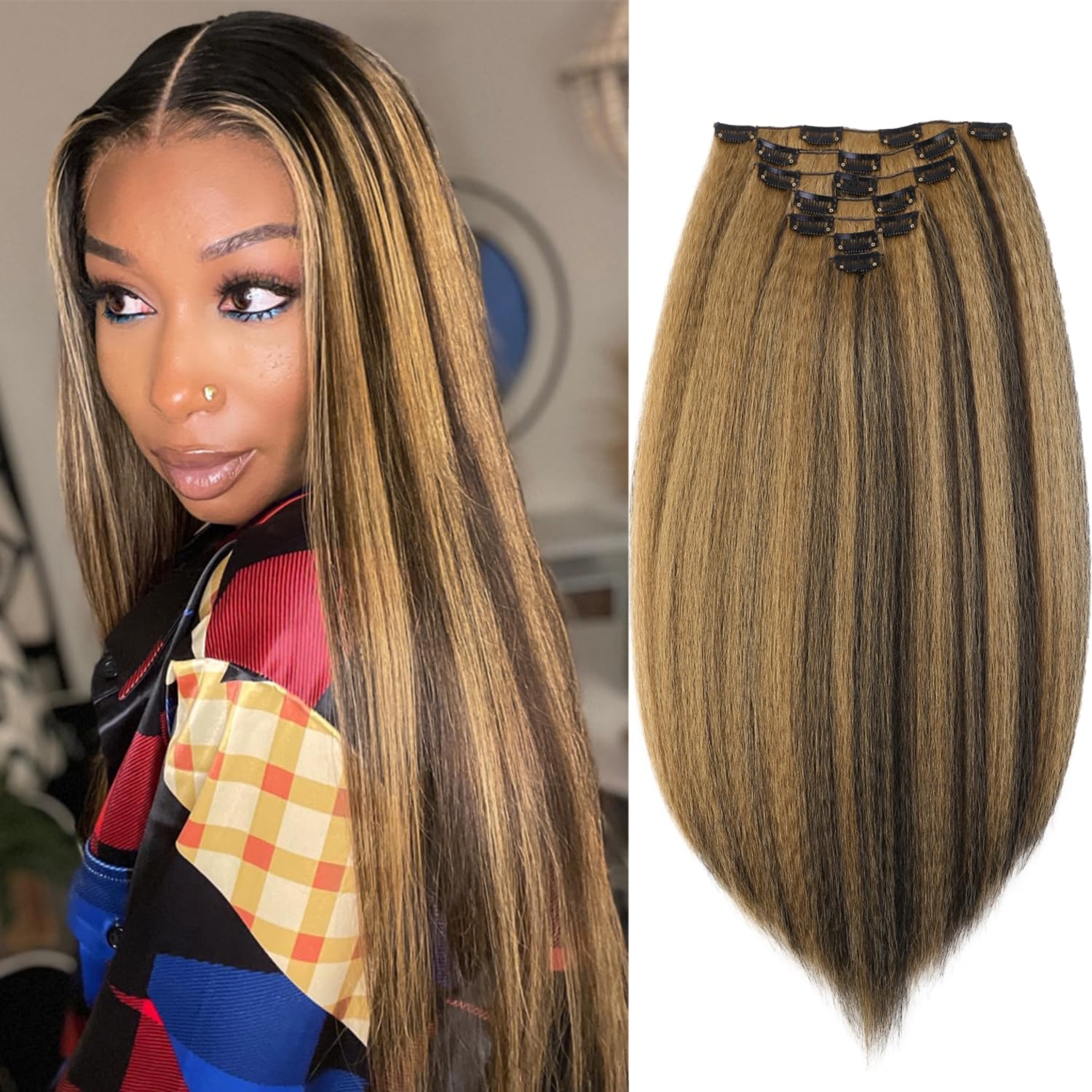 Hanne FashionKinky Straight Clip in Hair Extensions for Black Women Yaki Straight Clip Ins Full Head Highlights Synthetic Hair (22 Inch, Highlights 1B/27)