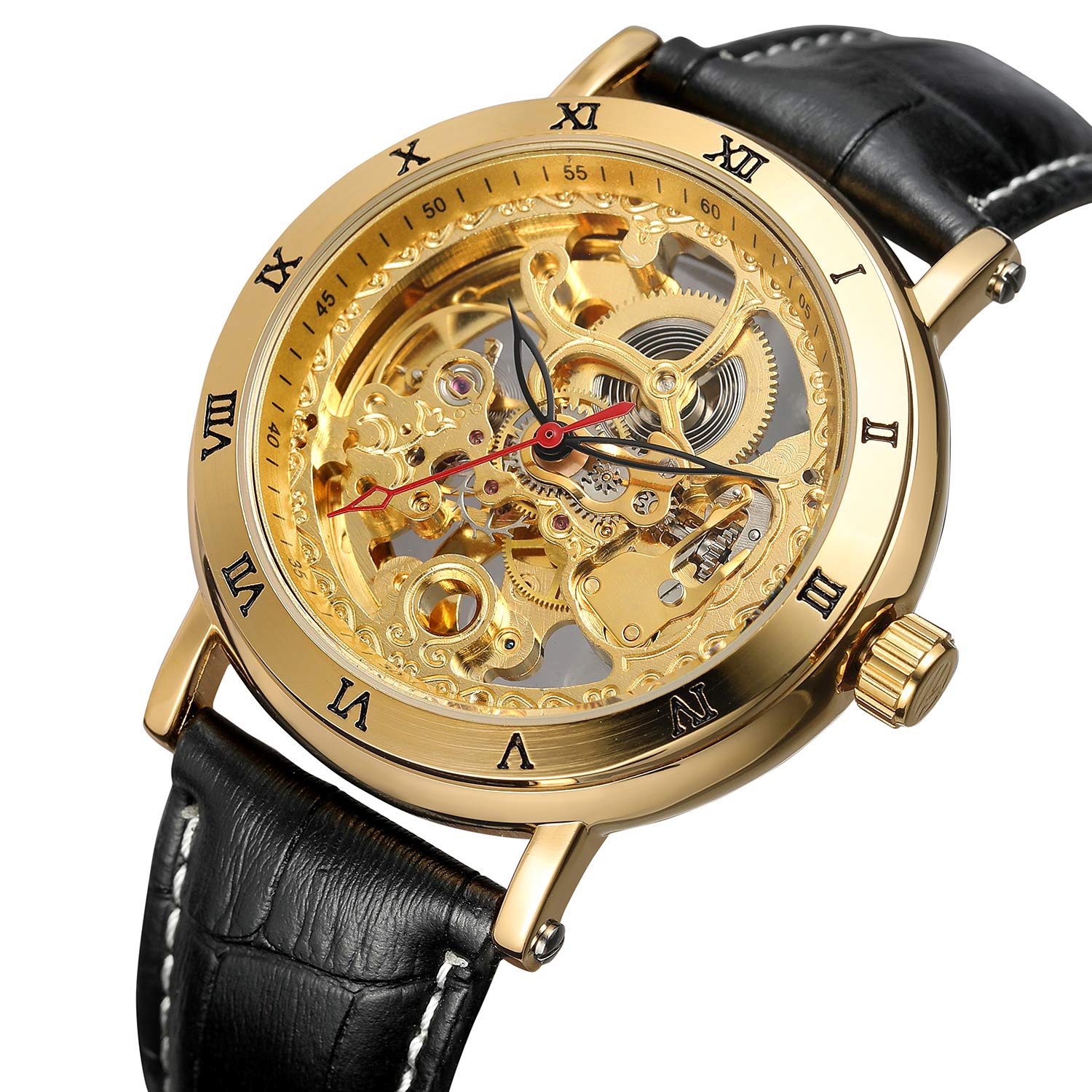 Forsining - Orologio da polso da uomo, alla moda, in stile steampunk, automatico, analogico, in pelle nera