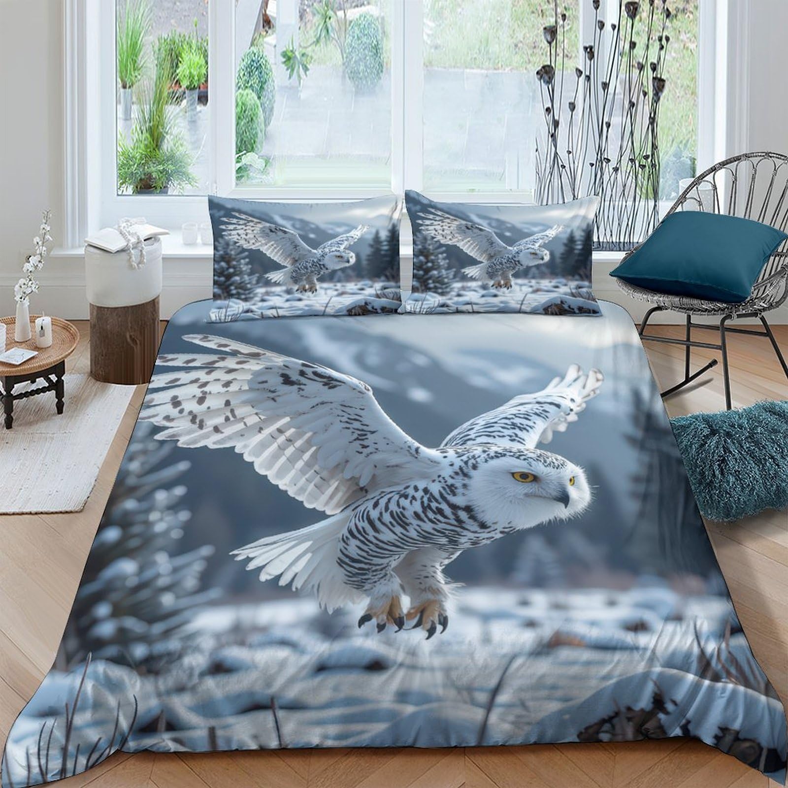 Ctjqhvkz Style-4 3D Printed Snowy Owl Fitted Sheet Microfiber Soft Grey Forest Bed Cover For Bedroom Dorm Mattress Decor Protection Single（135X200cm）