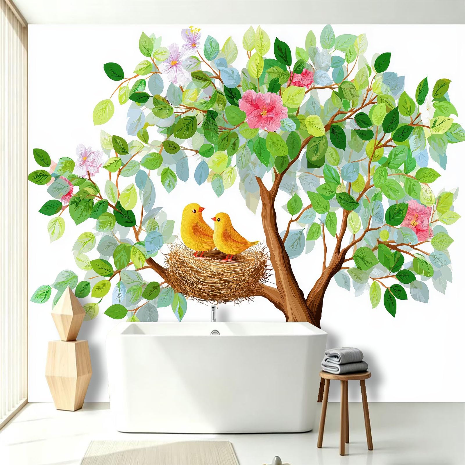 Tapeta Panoramiczna Las Kreskówka 200 x 140 cm (dł. x wys.), dekoracja ścienna do pokoju dziecięcego salon kuchnia - gobelin unikalny i nowoczesny design - Duże drzewo kwiaty ptak