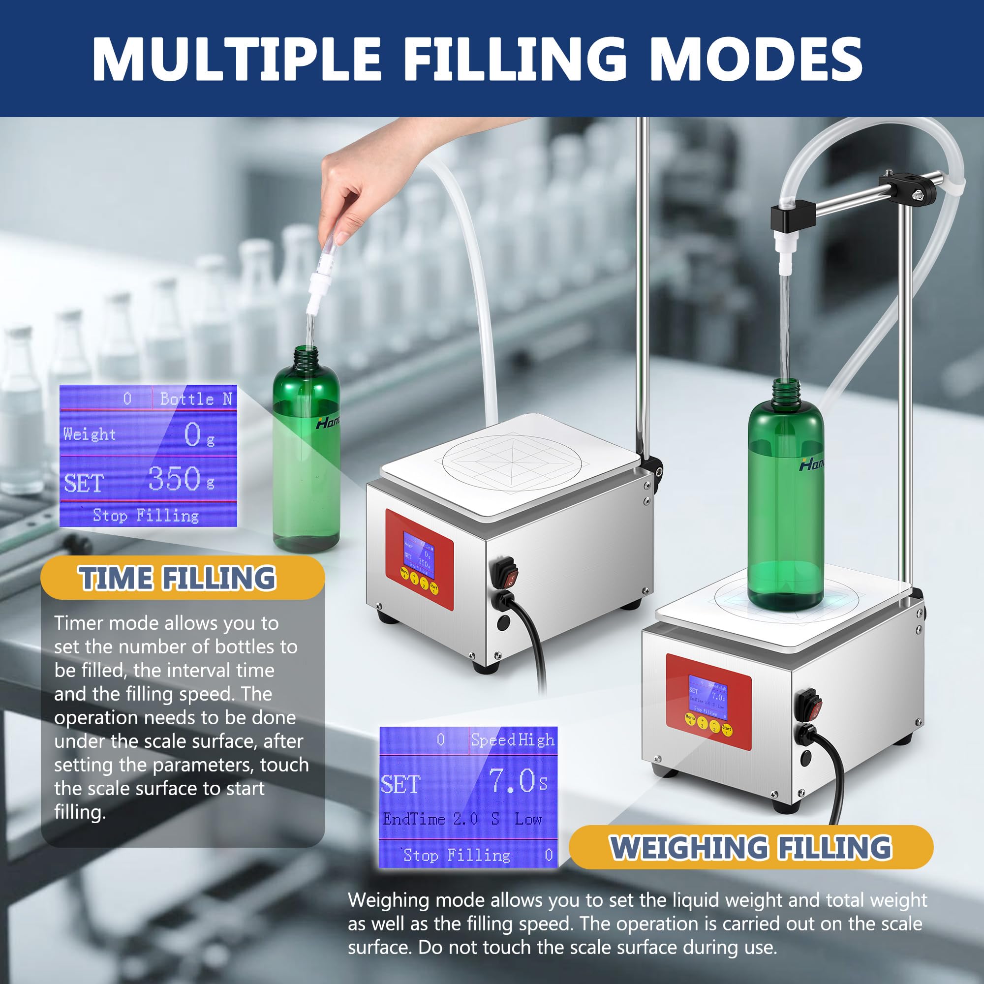 Hanchen 5.5L/MIN Macchina automatica di riempimento del liquido Pesatura & Timing Riempimento della bottiglia 2 in 1 Resiste alla corrosione, Riempitore di bottiglie per acqua, olio, vino, latte