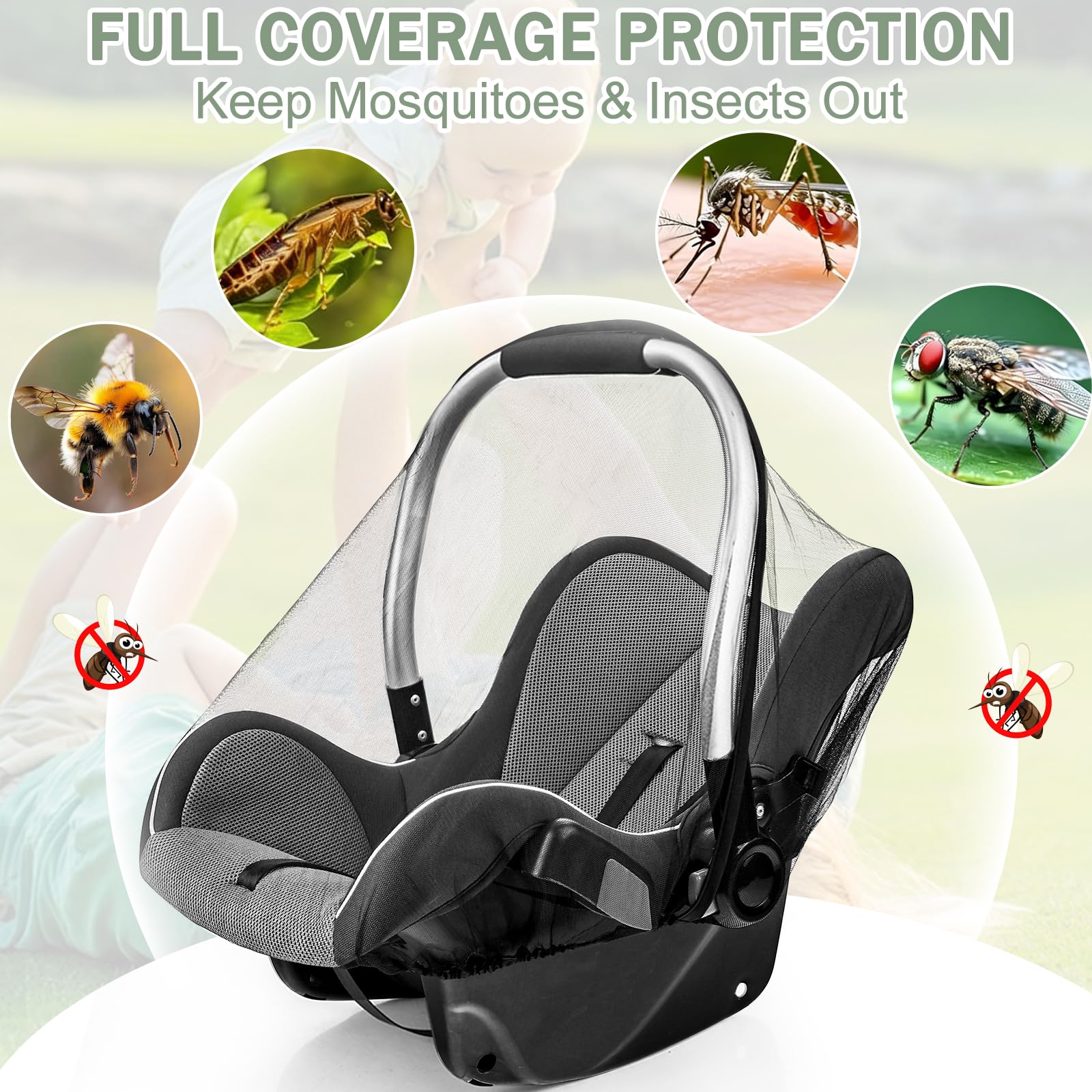 2 Pack Baby Mosquito Net for Infant Car Seats - Mosquito Net for Baby Car Seats, Stroller, Bassinet, Carrier - Breathable Elastic Netting Easy Fitting - Durable Long Lasting Shield (White + Black) - 5