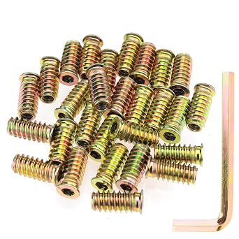 1/4"-20 x 25mm Threaded Inserts, Nut Inserts, Wood Inserts, Zinc Plated Carbon Steel, 1/4-20 Threaded Inserts with Hex Wrench for Wood Furniture Screw, Total 31 Pieces