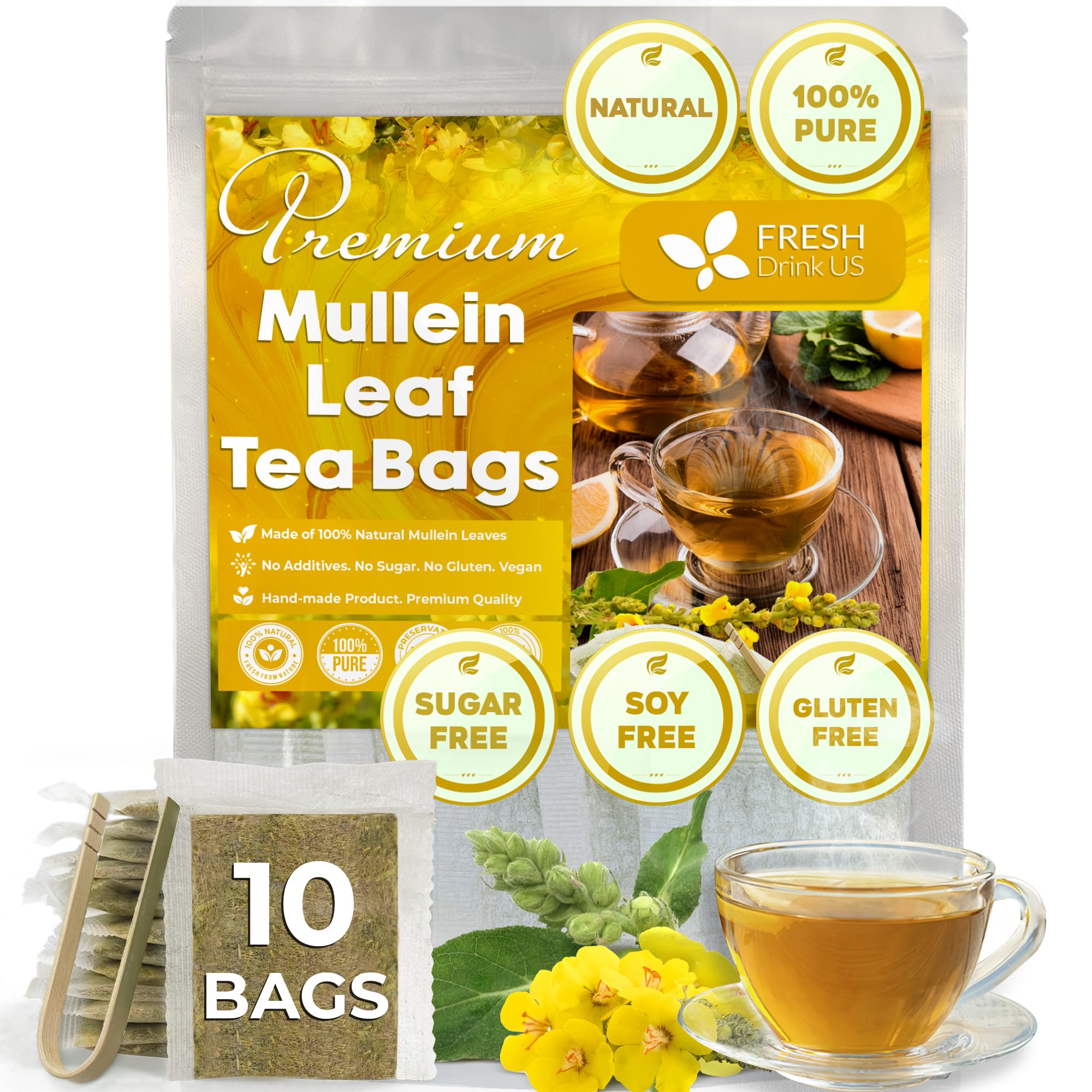 FRESHDRINKUSPremium 10 Mullein Leaf Tea Bags For Lungs, 100% Natural & Pure from Mullein Leaves. Loose Leaf Mullein Herbal Tea. Made with Natural Material Tea Bags. No Sugar, No Caffeine, No Gluten
