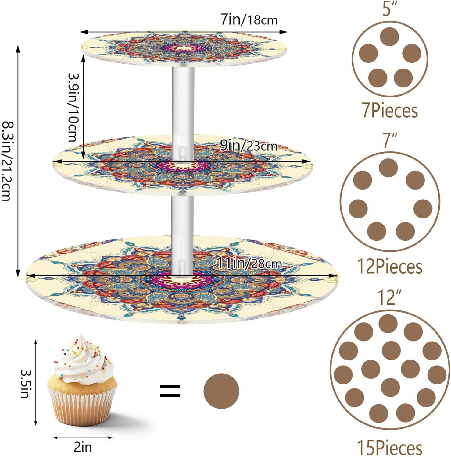 Colorful Mandala Floral 3 Tier Cupcake Stand for Party Cup Cake Tower Display Cute Serving Tray Desert Table Display Cake Food Tabletop Graduation