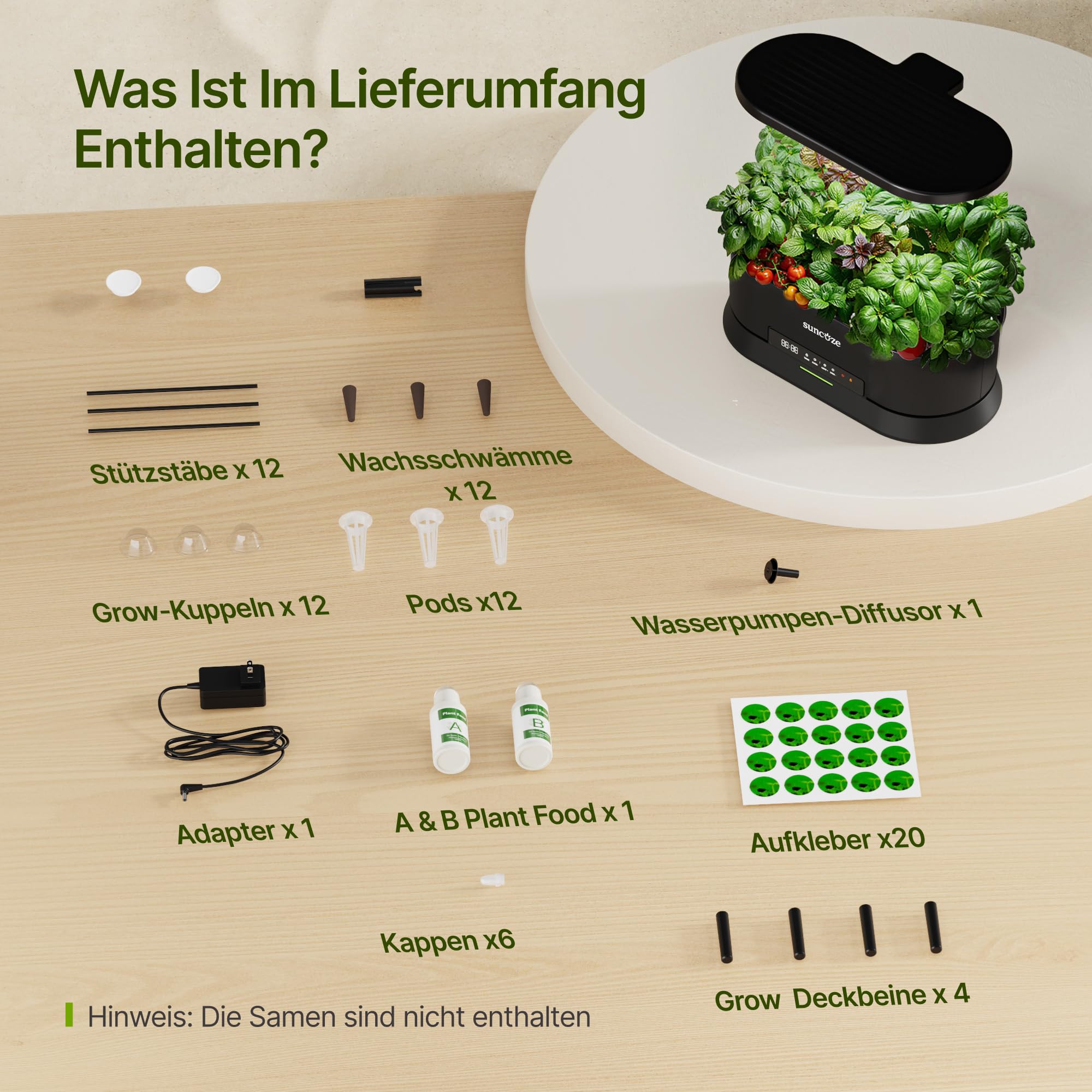 SUNCOZE Abnehmbarer Hydroponisches Anzuchtsystem mit 12 Hülsen, Schwarz | Indoor Kräutergarten mit 36W LED Pflanzenlampe, 5L Wassertank, Höhenverstellbar bis 550 mm, Hydroponik System mit Timer