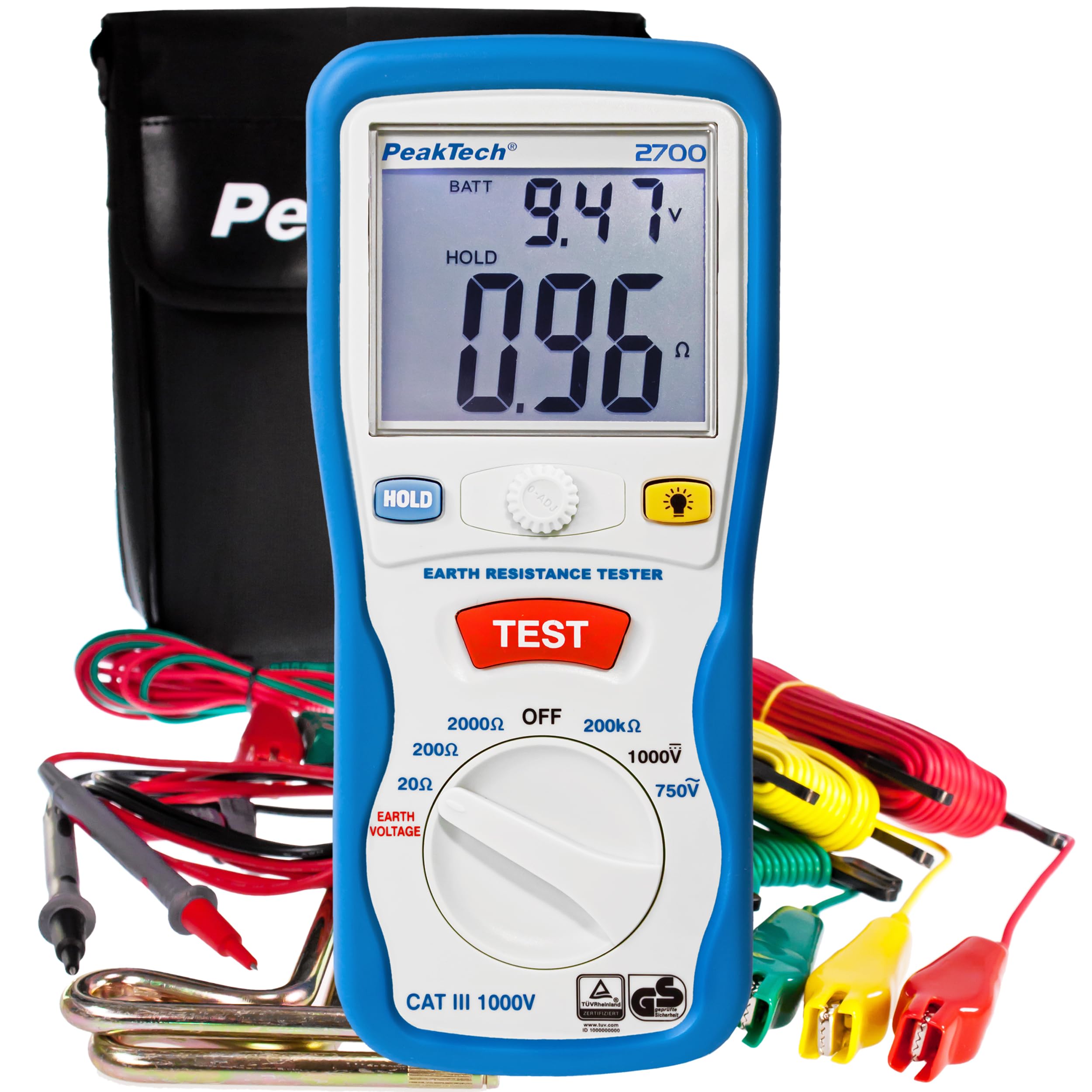 PeakTech 2700 - Probador Digital con Pantalla LCD Doble y 2 Varillas, Resistencia a Tierra, Ac/Dc, Tuv/Gs, Retención de Datos, Desconexión Automática, Puesta a Cero Automática - Cat III 1000 V